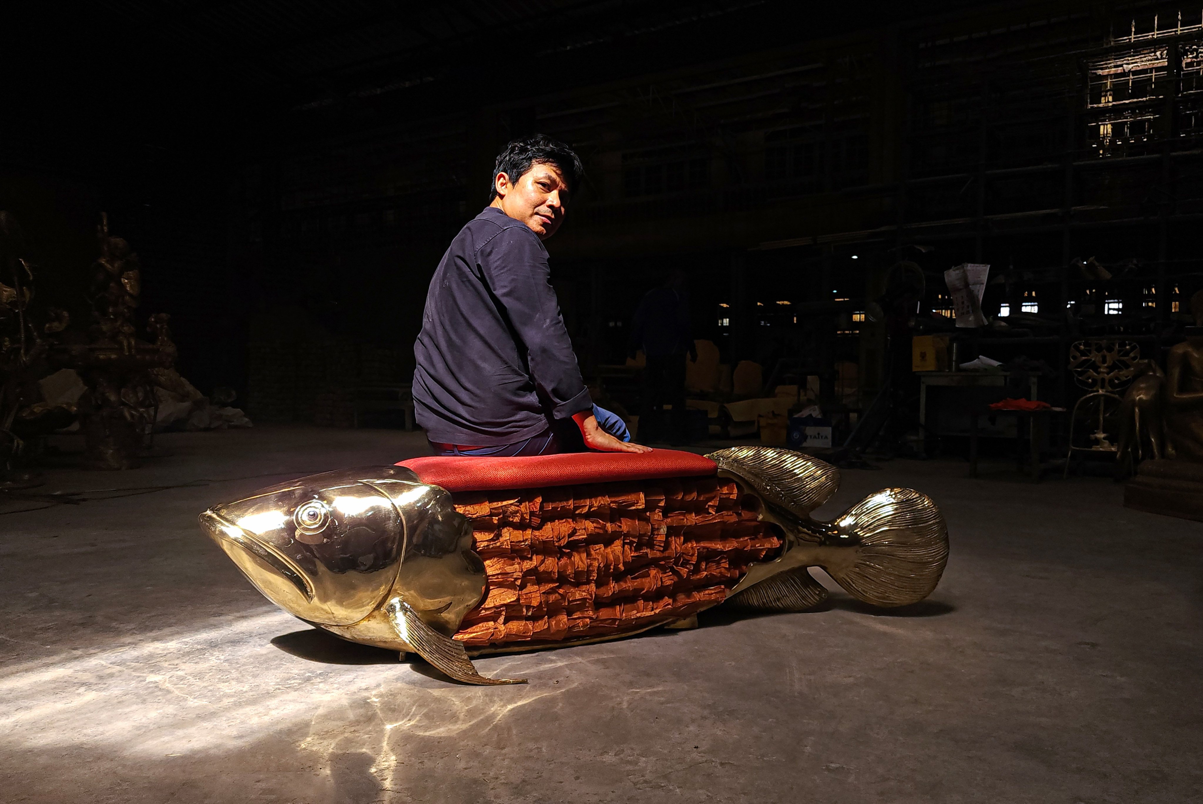 Apiwat Chitapanya collaborated with brass furniture brand Masaya on this bench shaped like a giant gleaming arowana fish. He’s one of 10 Southeast Asian artists about to go on show at Emerge, part of Find – Design Fair Asia, which is part of Singapore Design Week. Photo: Courtesy of Apiwat Chitapanya