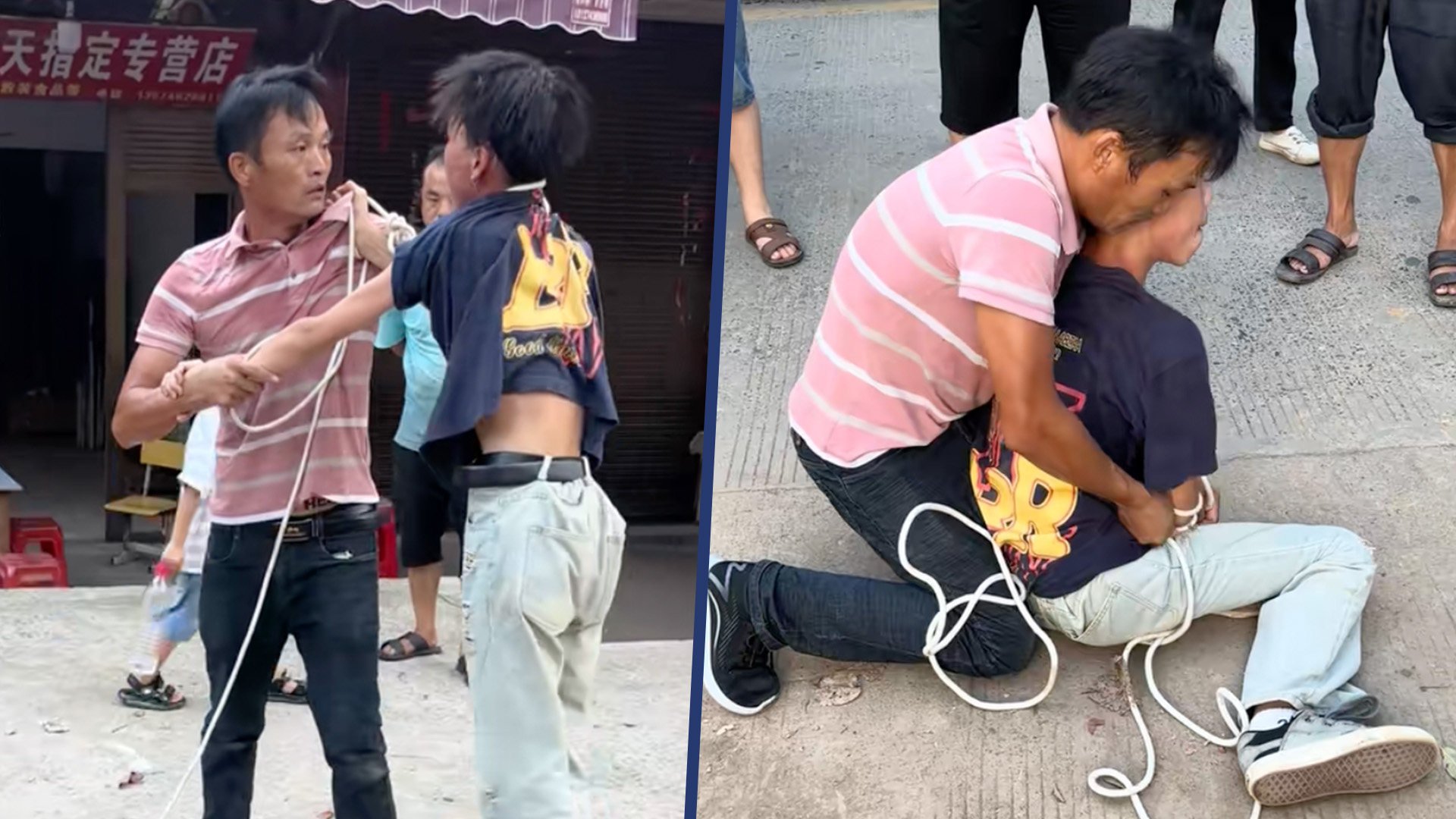 In central China, a father publicly bound his son with rope for failing school, sparking a debate on parenting styles. 
Photo: SCMP composite/Douyin