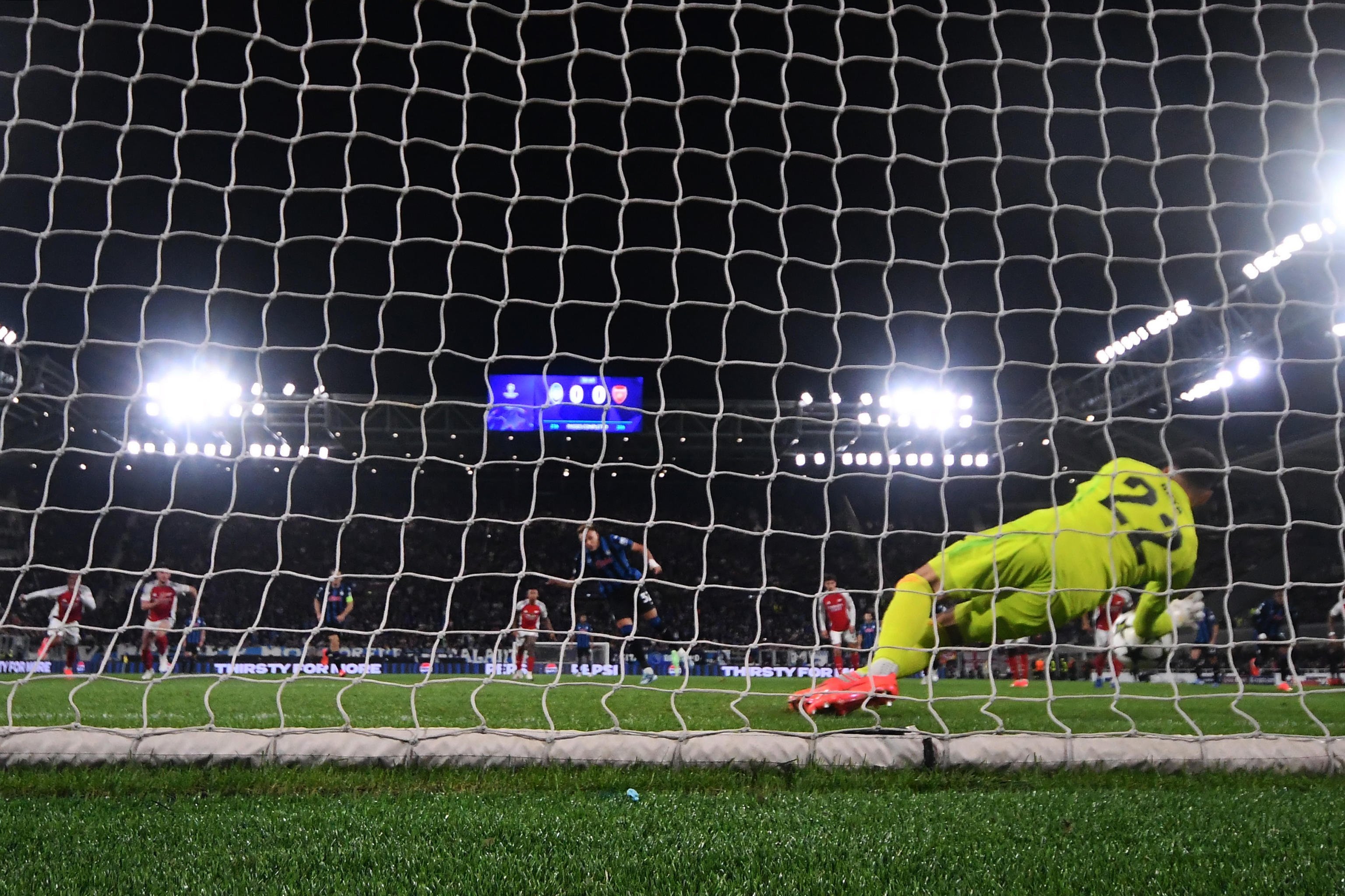 Goalkeeper David Raya saves Mateo Retegui’s penalty during Arsenal’s Champions League clash with Atalanta in Bergamo. Photo: EPA-EFE