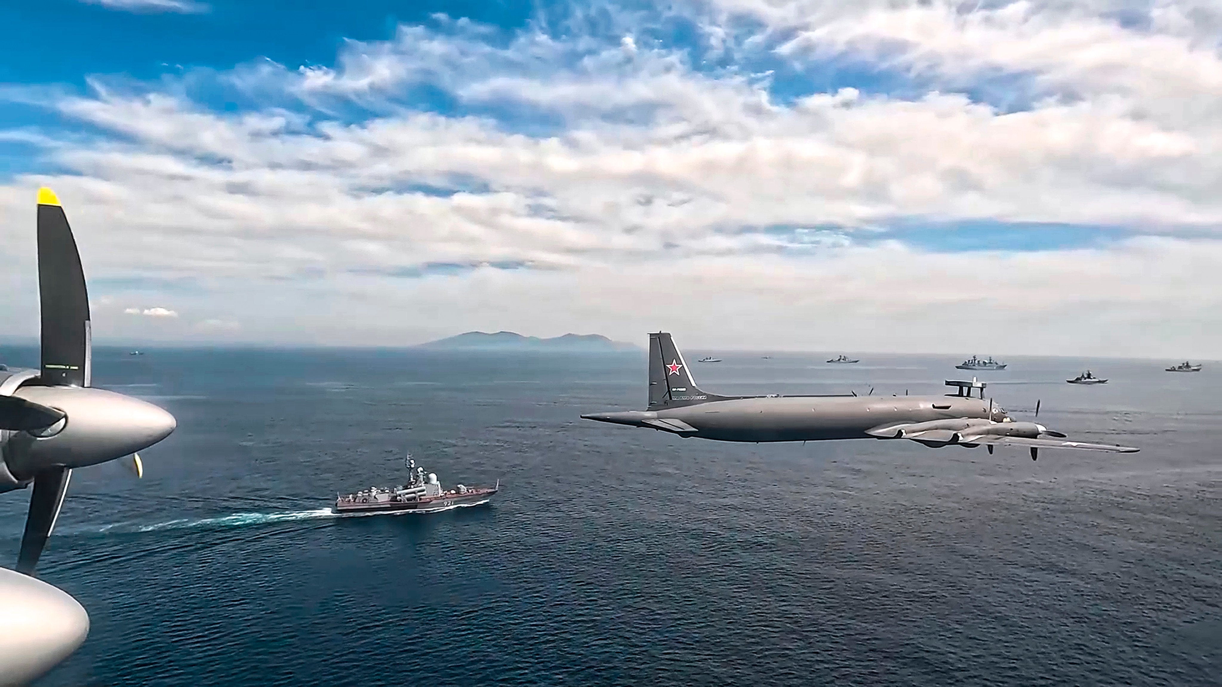 Russian anti-submarine aircraft fly during the Ocean-2024 drill with China. Photo: Russian Defence Ministry Press Service via AP