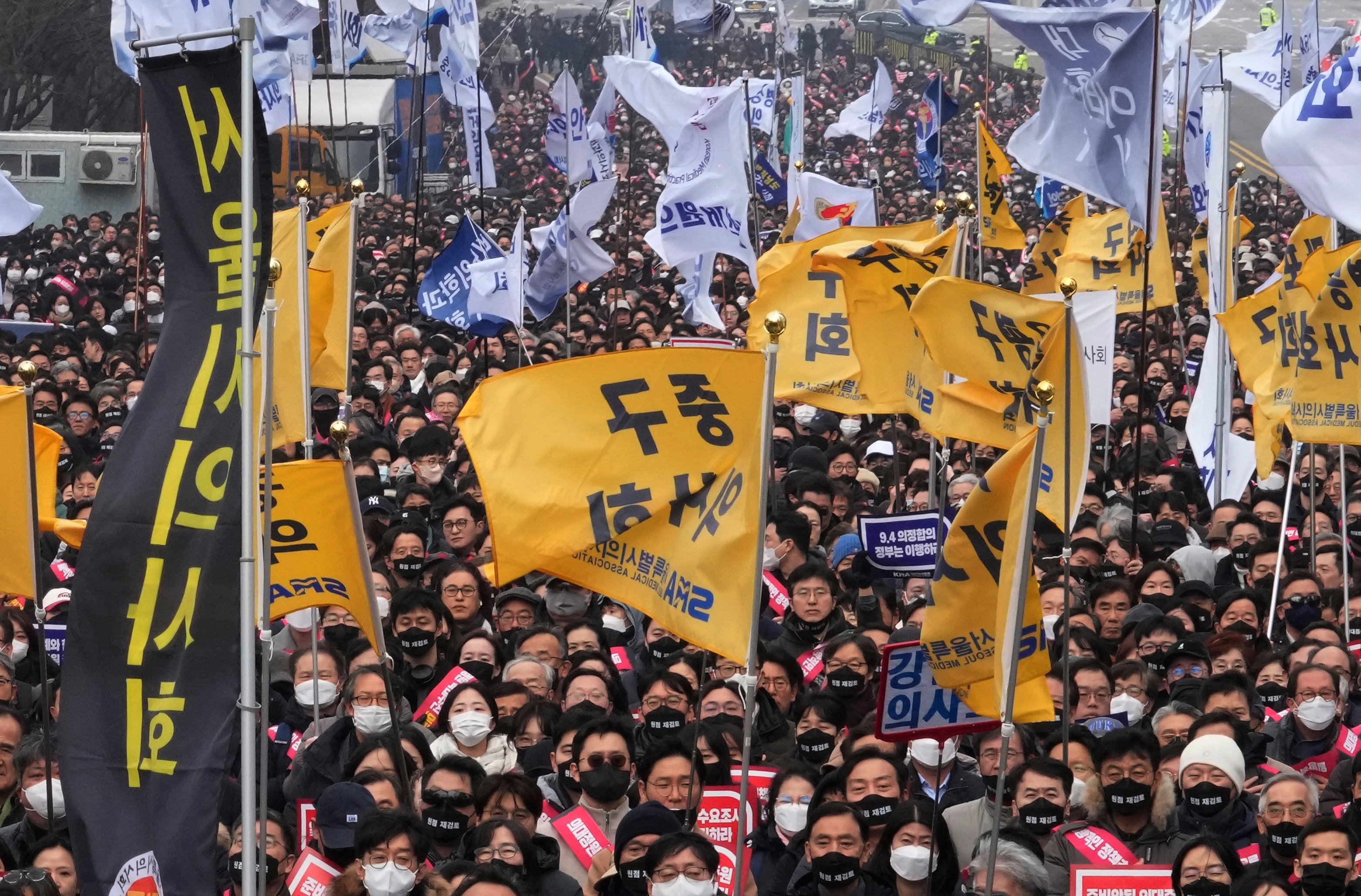 Doctors stage a rally against the government’s medical policy in Seoul, South Korea. Photo: AP