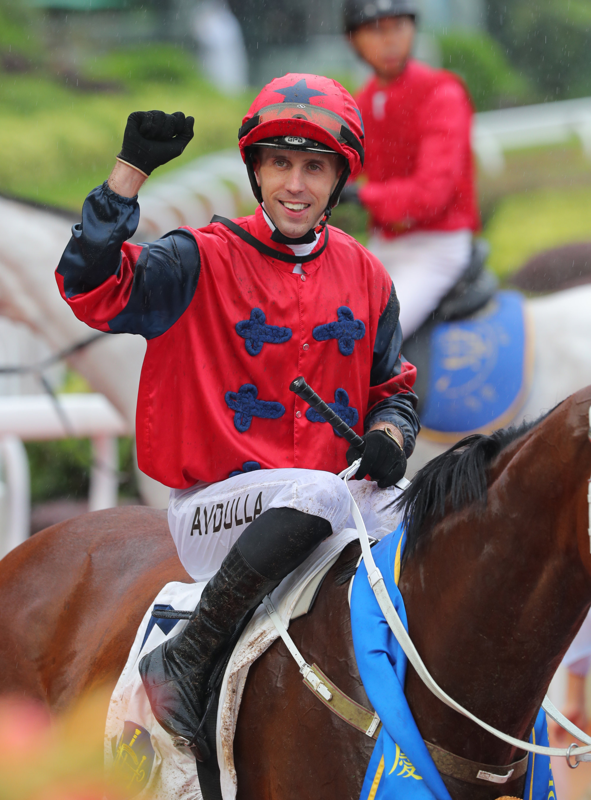 A jubilant Brenton Avdulla after winning the Group Three Celebration Cup (1,400m) aboard The Golden Scenery.