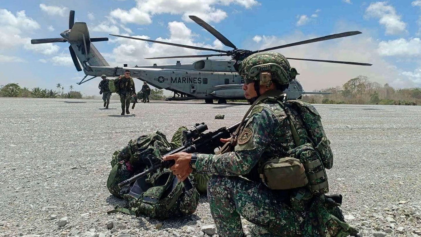 Philippine and US troops take part in air assault exercises as part of joint annual military drills, in the Philippines’ Palawan province on April 26. Photo: EPA-EFE/Armed Forces of the Philippines