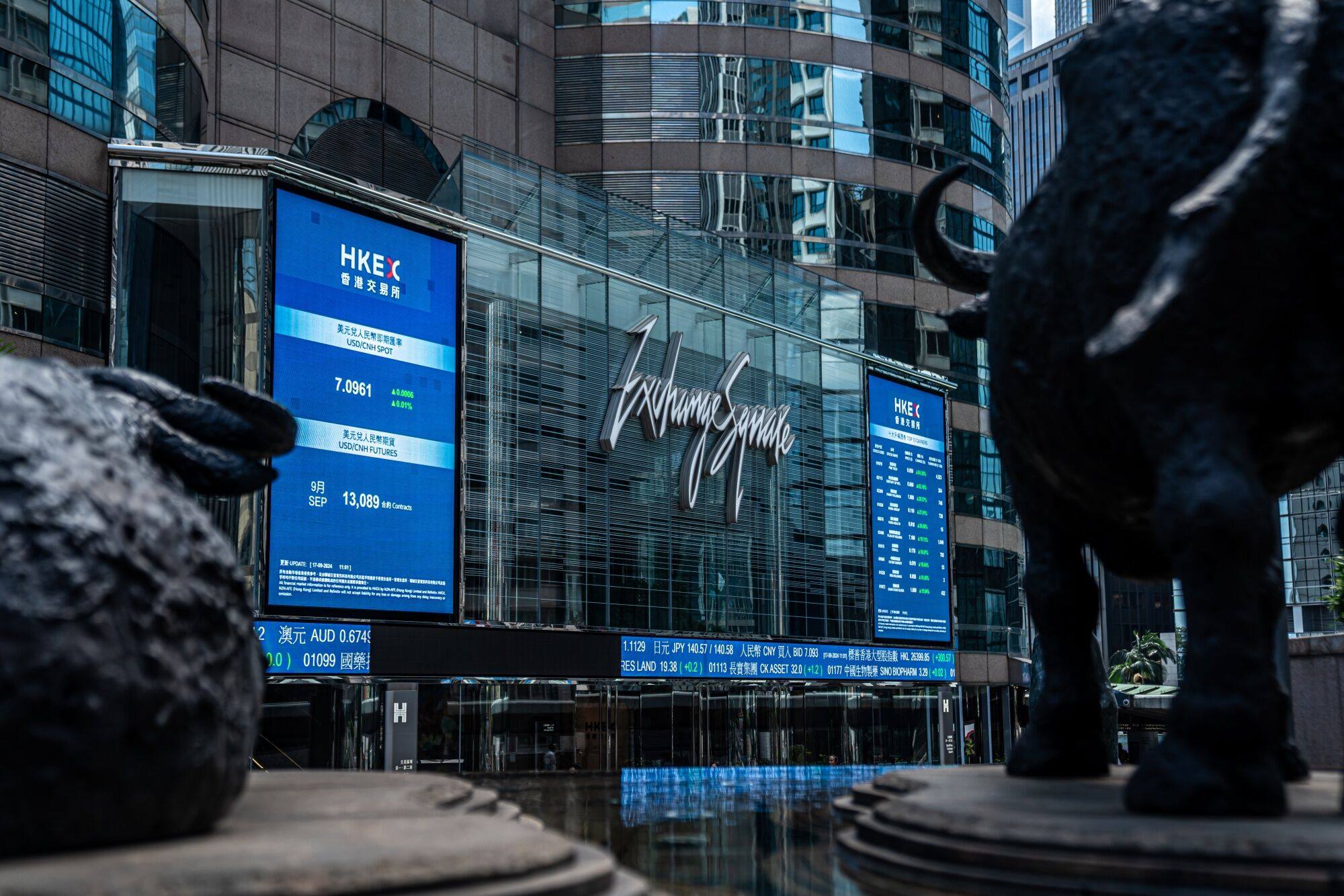 Bull sculptures overlook Exchange Square, which houses Hong Kong’s stock exchange operator, on September 17, 2024. Photo: Bloomberg