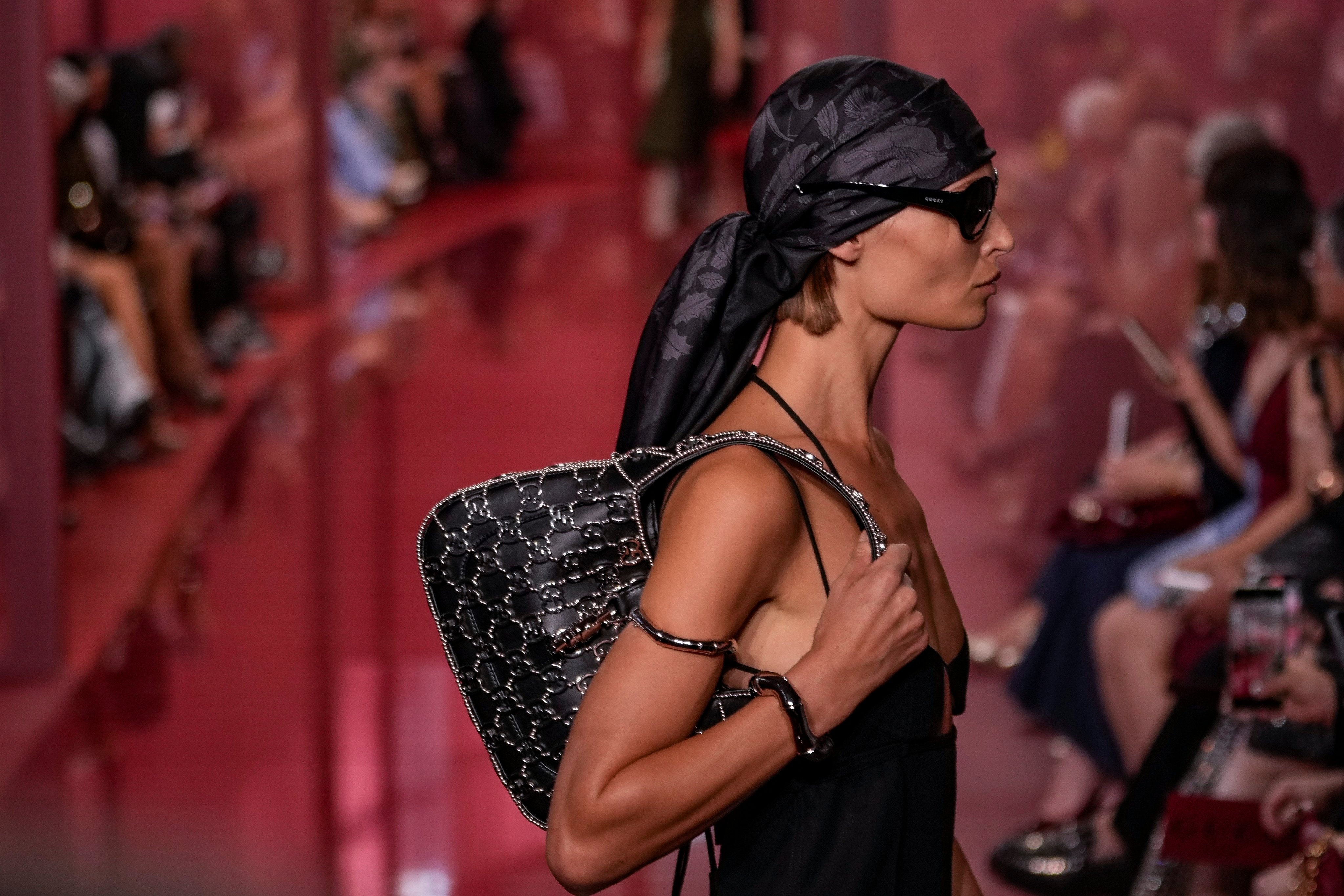 A Jackie bag paired with a headscarf at Gucci’s spring/summer 2025 show at Milan Fashion Week. Photo: AP