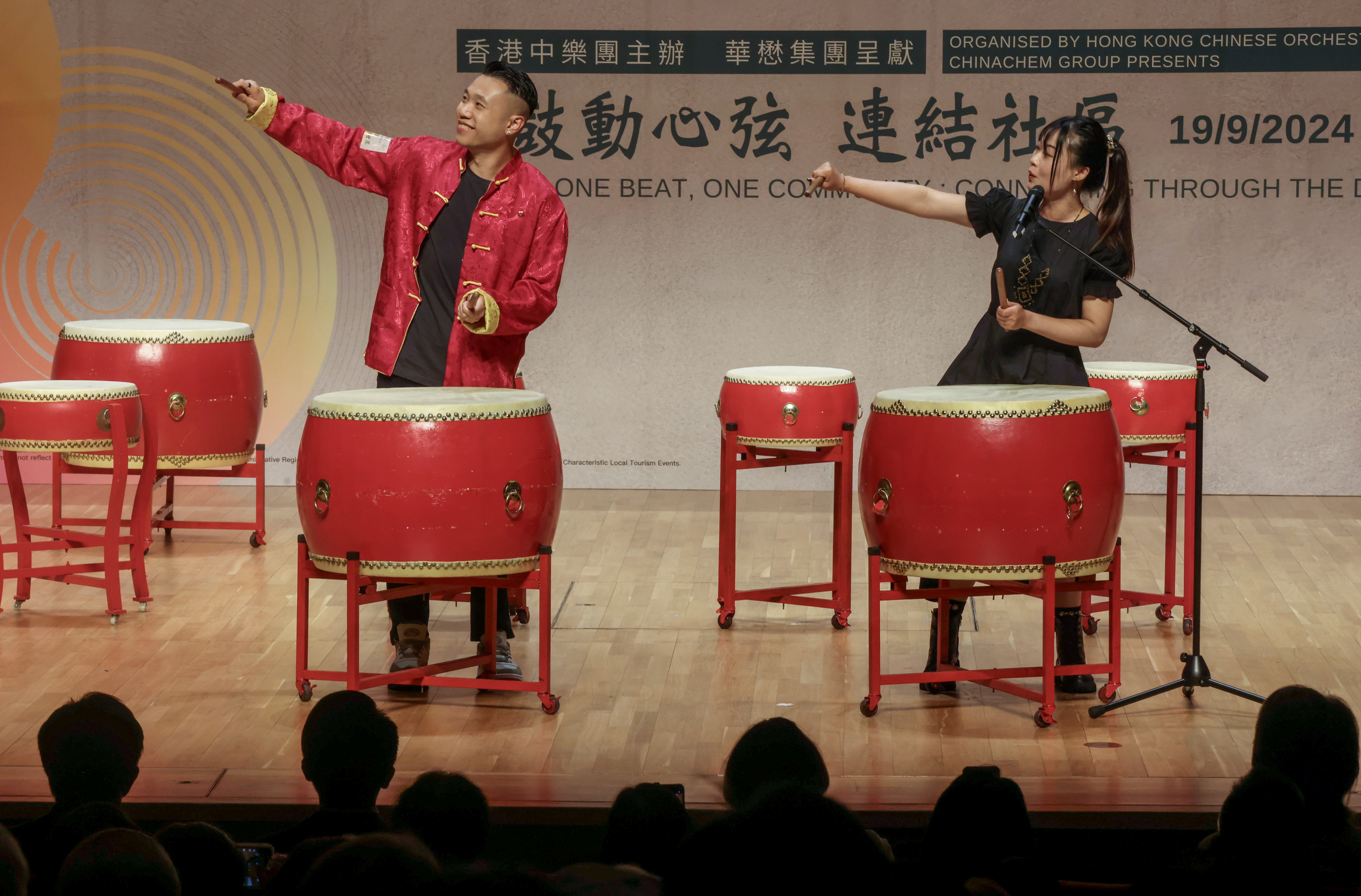 A drumming workshop on stage at Tsuen Wan Town Hall. Photo: Jonathan Wong