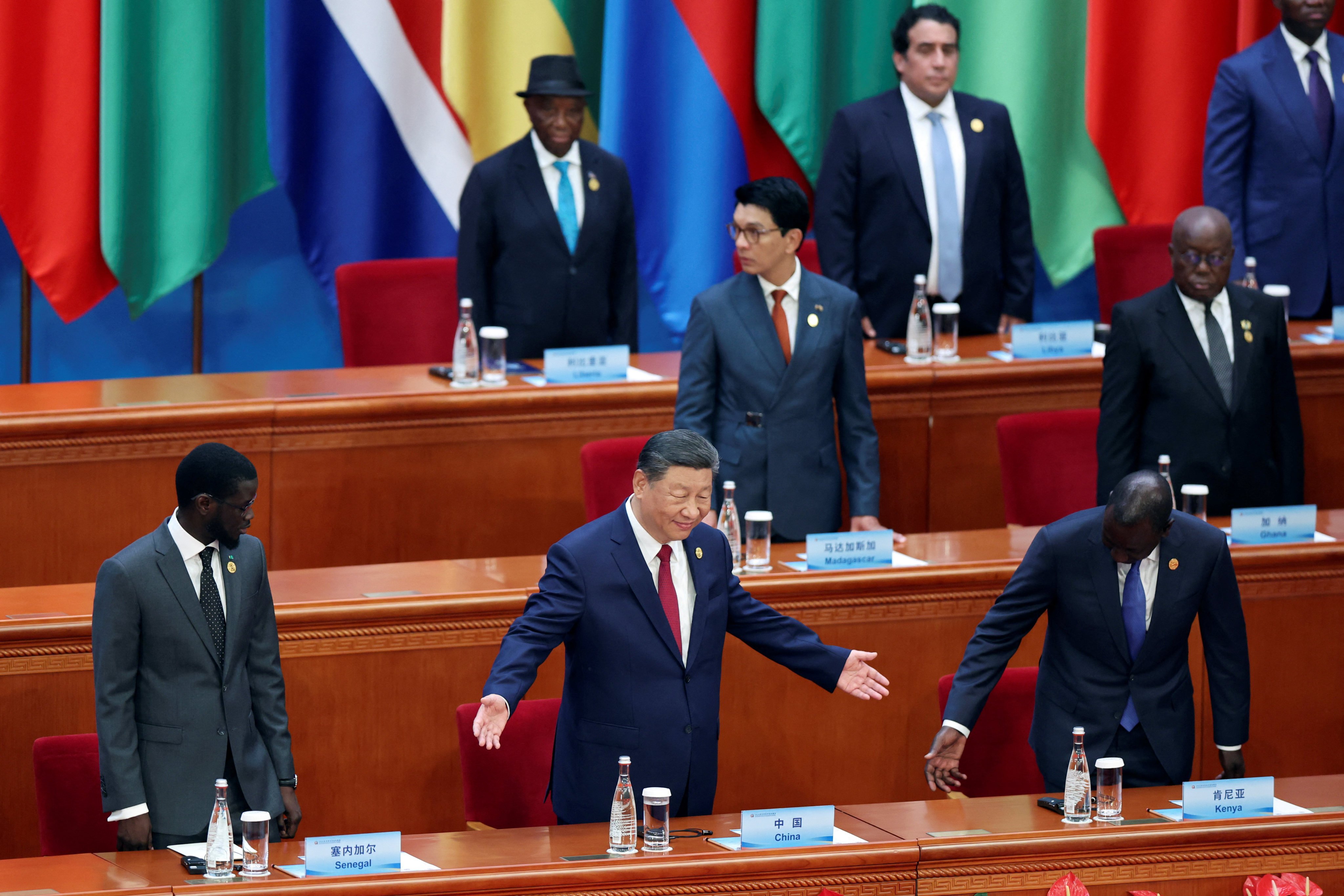 Chinese President Xi Jinping (centre, first row), Senegal’s President Bassirou Diomaye Faye (left), Kenya’s President William Ruto (right) and other leaders of African nations attend the opening ceremony of the ninth Forum on China-Africa Cooperation Summit at the Great Hall of the People in Beijing on September 5. Photo: Reuters