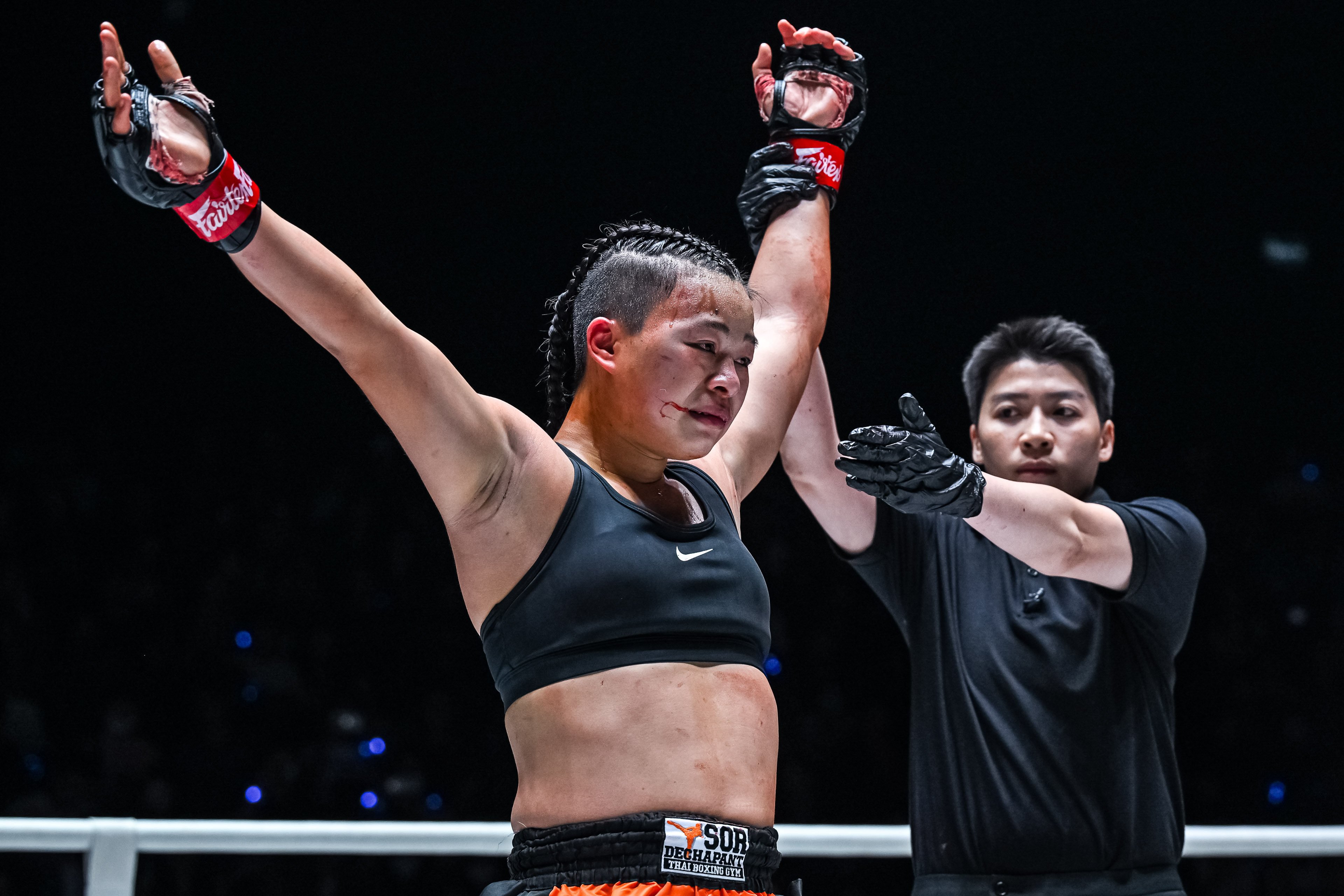 Hong Kong Muay Thai fighter Emily Chong wins her fight against Japan’s Koko Ohara at Lumpinee Stadium at ONE Friday Fights 80 on September 20, 2024.