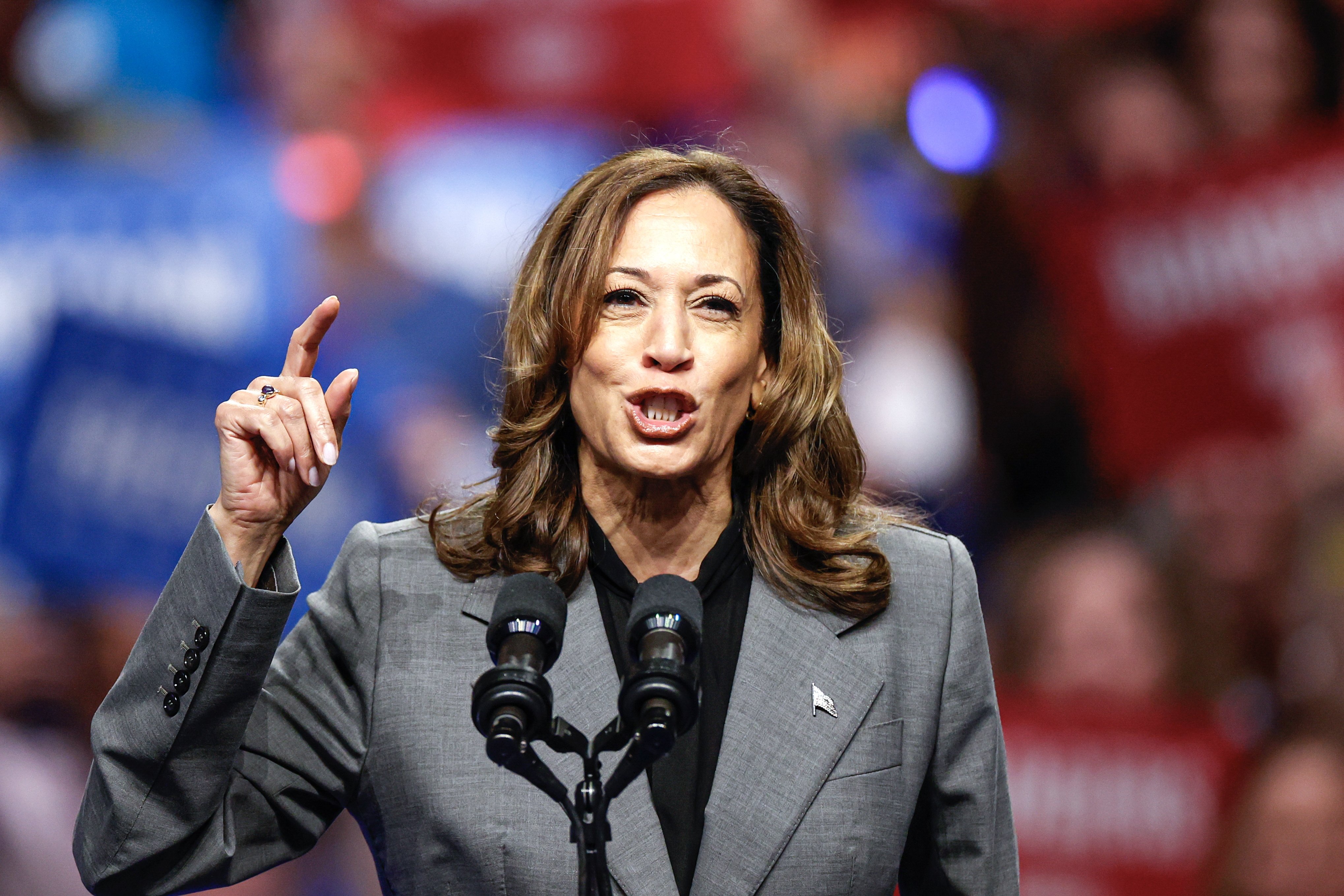 US Democratic presidential candidate Kamala Harris speaks during a campaign event at the Veterans Memorial Coliseum in the state of Wisconsin on Friday. Photo: EPA-EFP