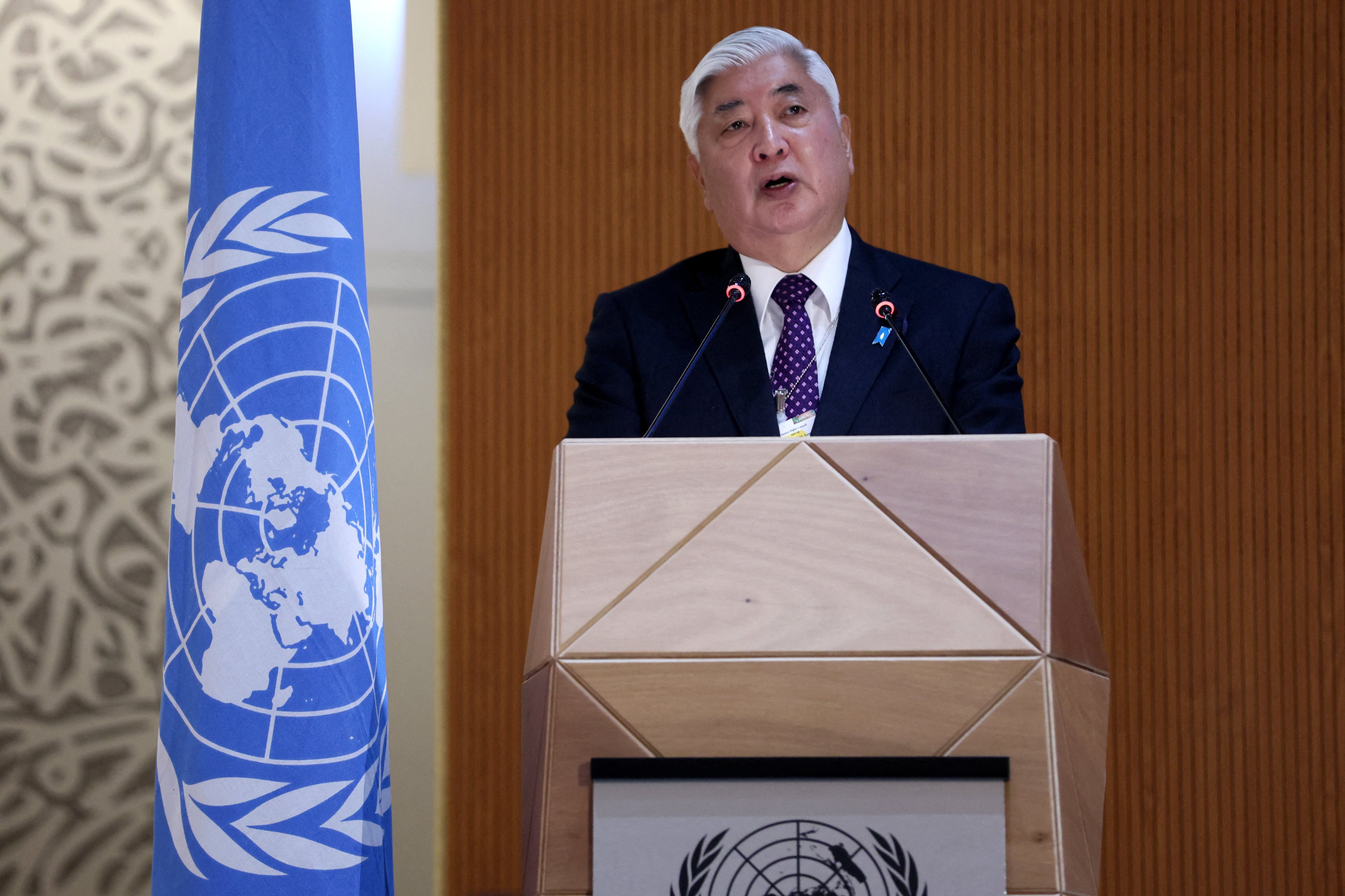 Japan’s human rights adviser Gen Nakatani addresses the Human Rights Council at The United Nations in Geneva in March 2022. Photo: AFP