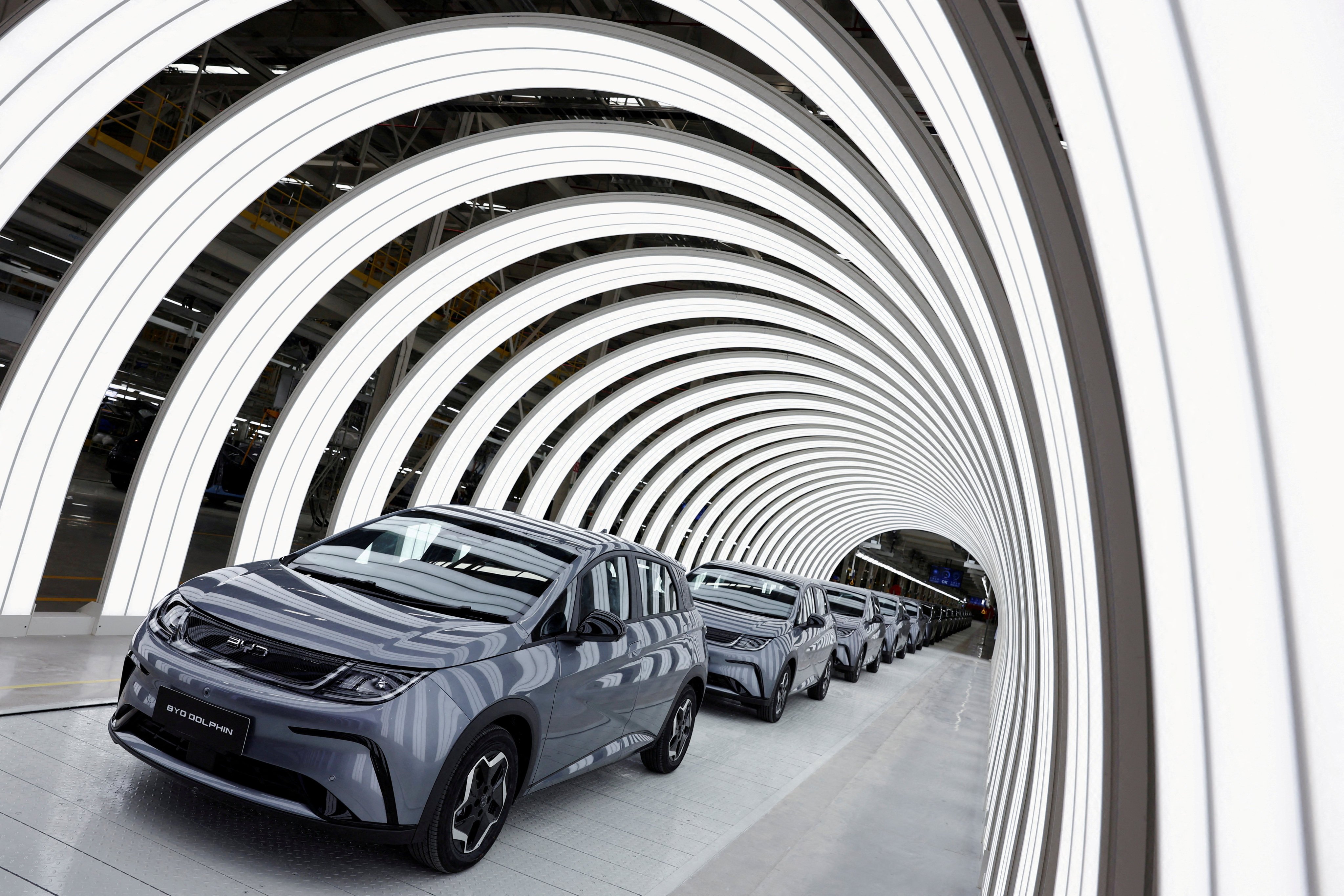 Electric vehicles are lined up inside BYD’s first EV factory in Southeast Asia, a fast-growing regional EV market where it has become the dominant player, in Rayong, Thailand, on July 4. Photo: Reuters