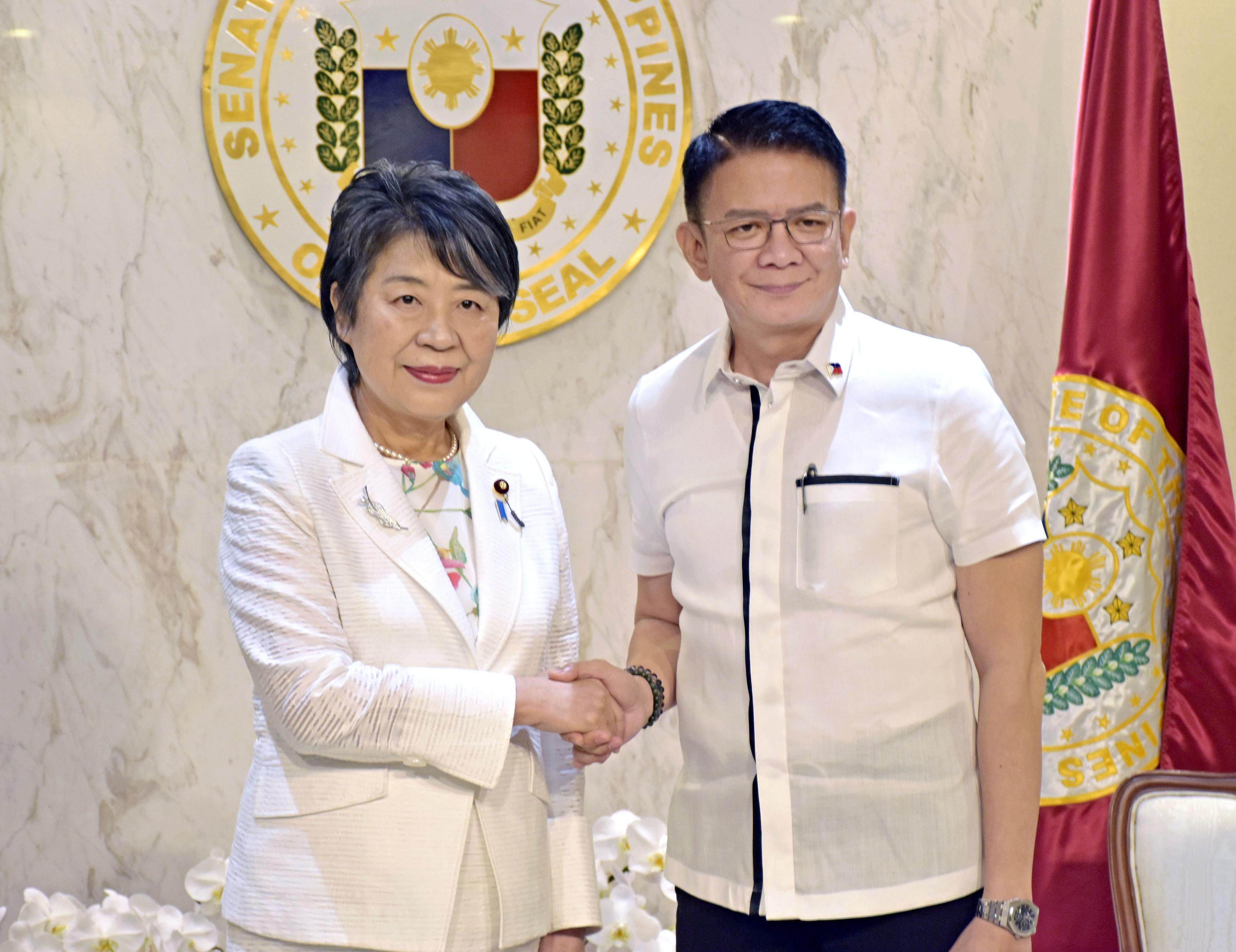 Philippine Senate President Francis Escudero with Japanese Foreign Minister Yoko Kamikawa in Manila on July 9. Photo: Kyodo