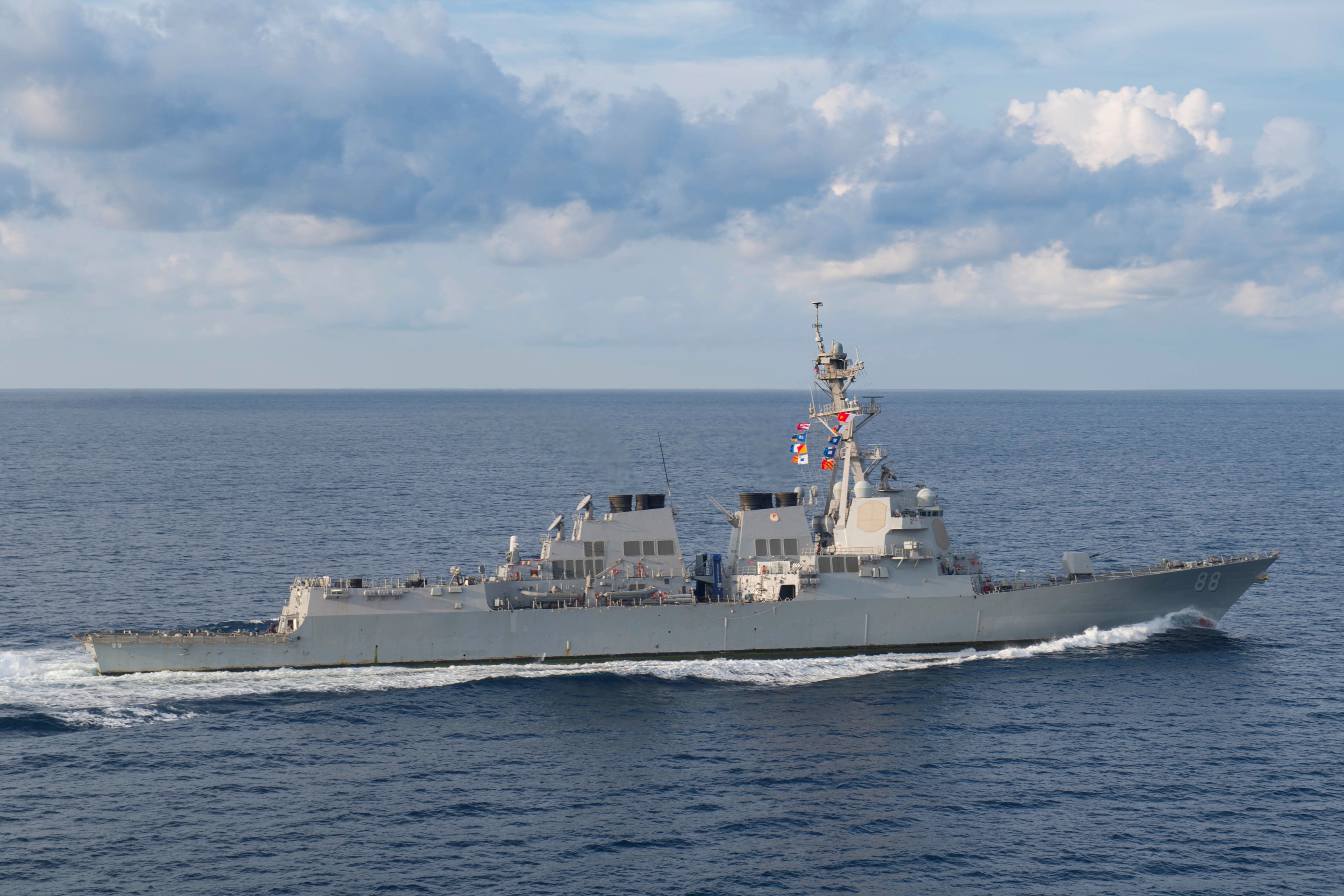 The Arleigh Burke-class guided-missile destroyer USS Preble transits in the Indian Ocean in March 2018. Photo: US Navy/Handout via Reuters