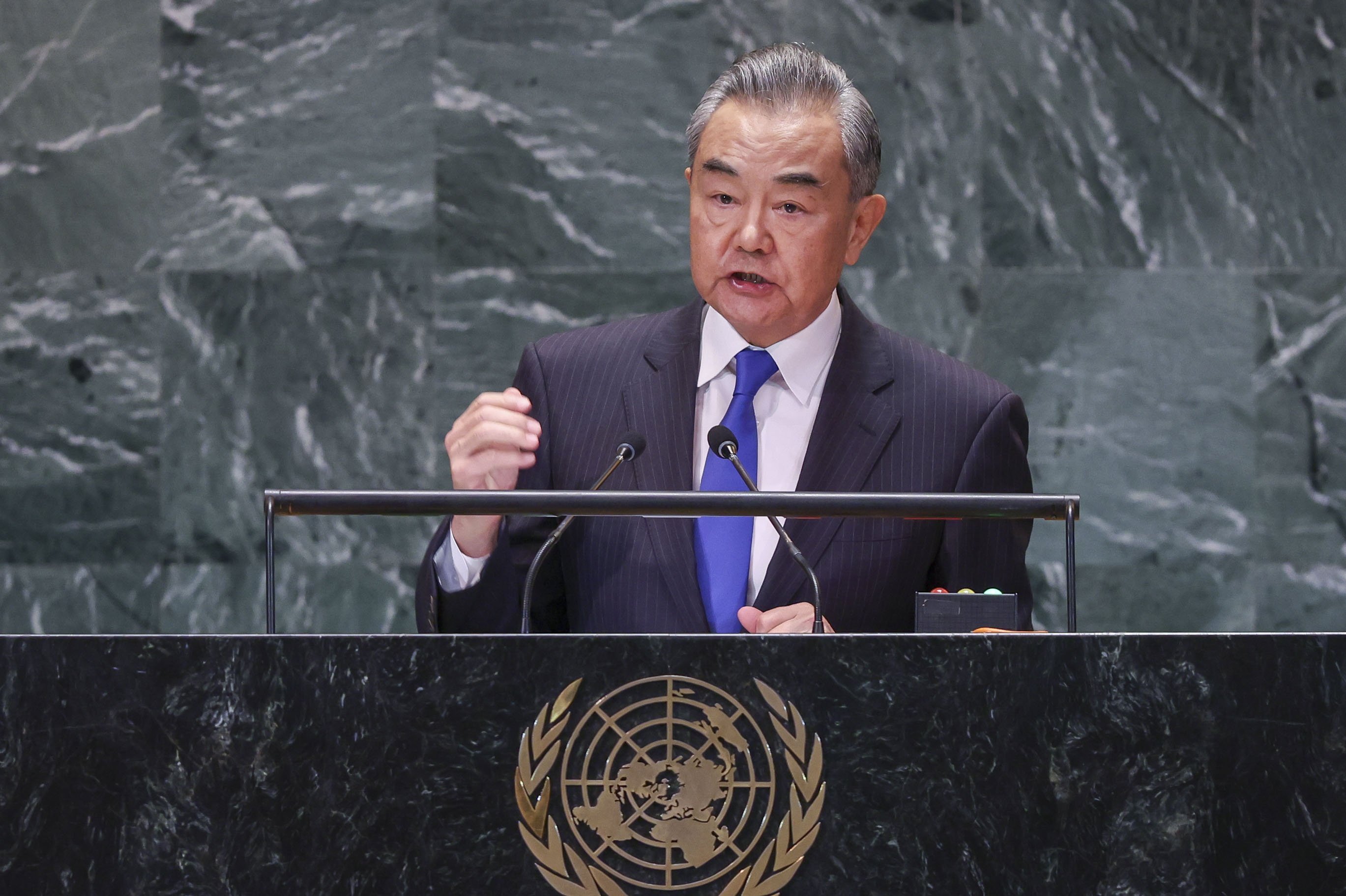 Chinese Foreign Minister speaks during a “Summit of the Future” session at the UN in New York on Monday. Photo: EPA-EFE