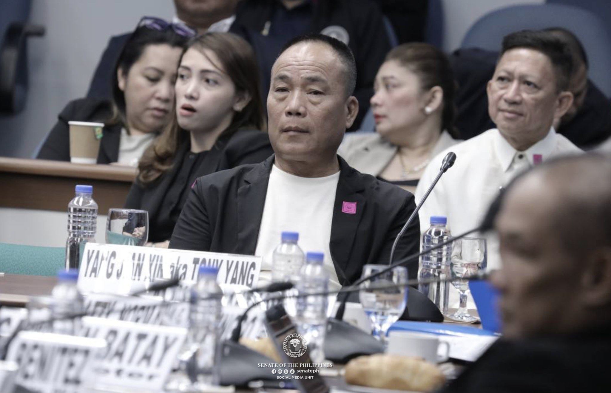 Chinese businessman Tony Yang appears before the Philippine Senate on Tuesday. Photo: Facebook/senateph
