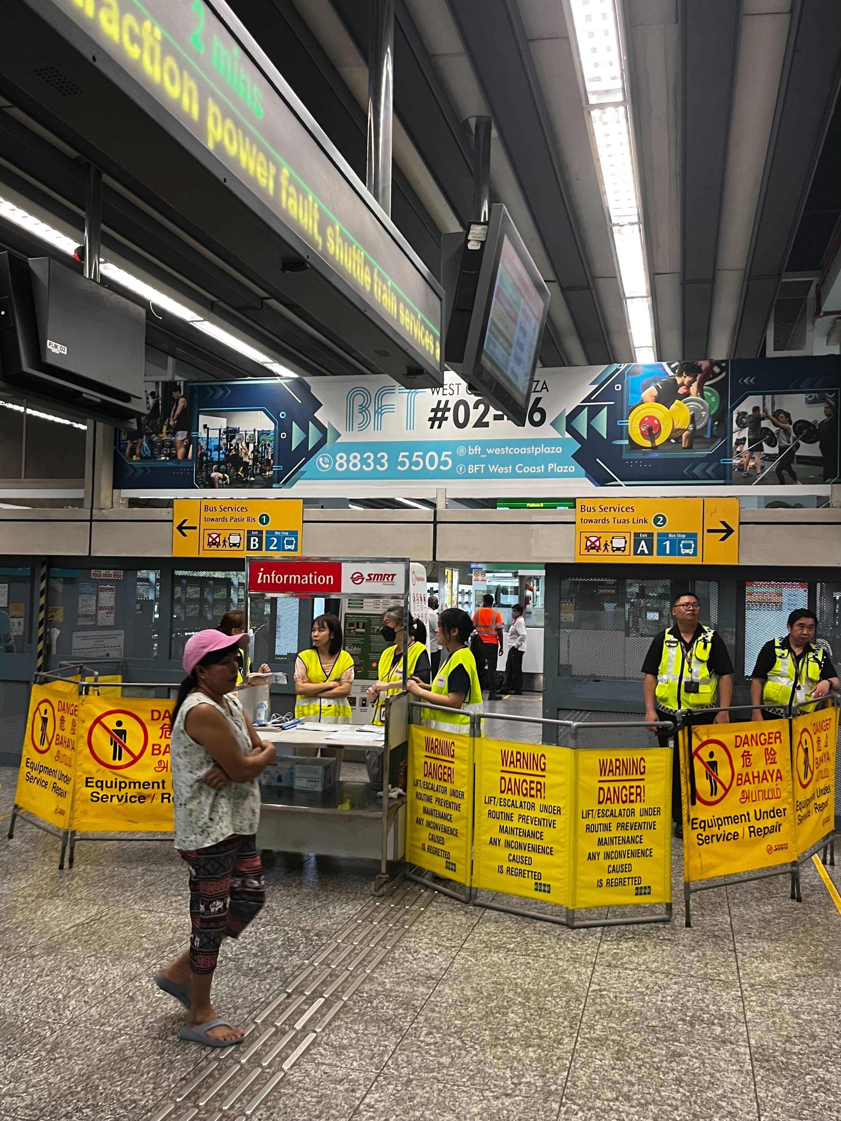 A barrier placed at Clementi MRT station following a major railway disruption, which has affected the East-West Line since Wednesday. Photo: Jean Iau