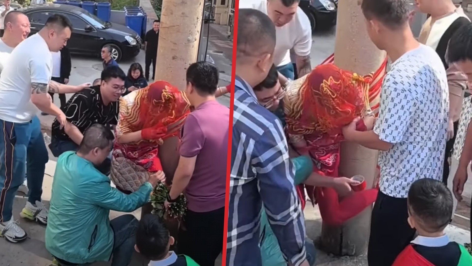 Distressing images of a bride in China taped to a phone pole have reignited the debate over vulgar wedding “hazing” on mainland social media. Photo: SCMP composite/YouTube