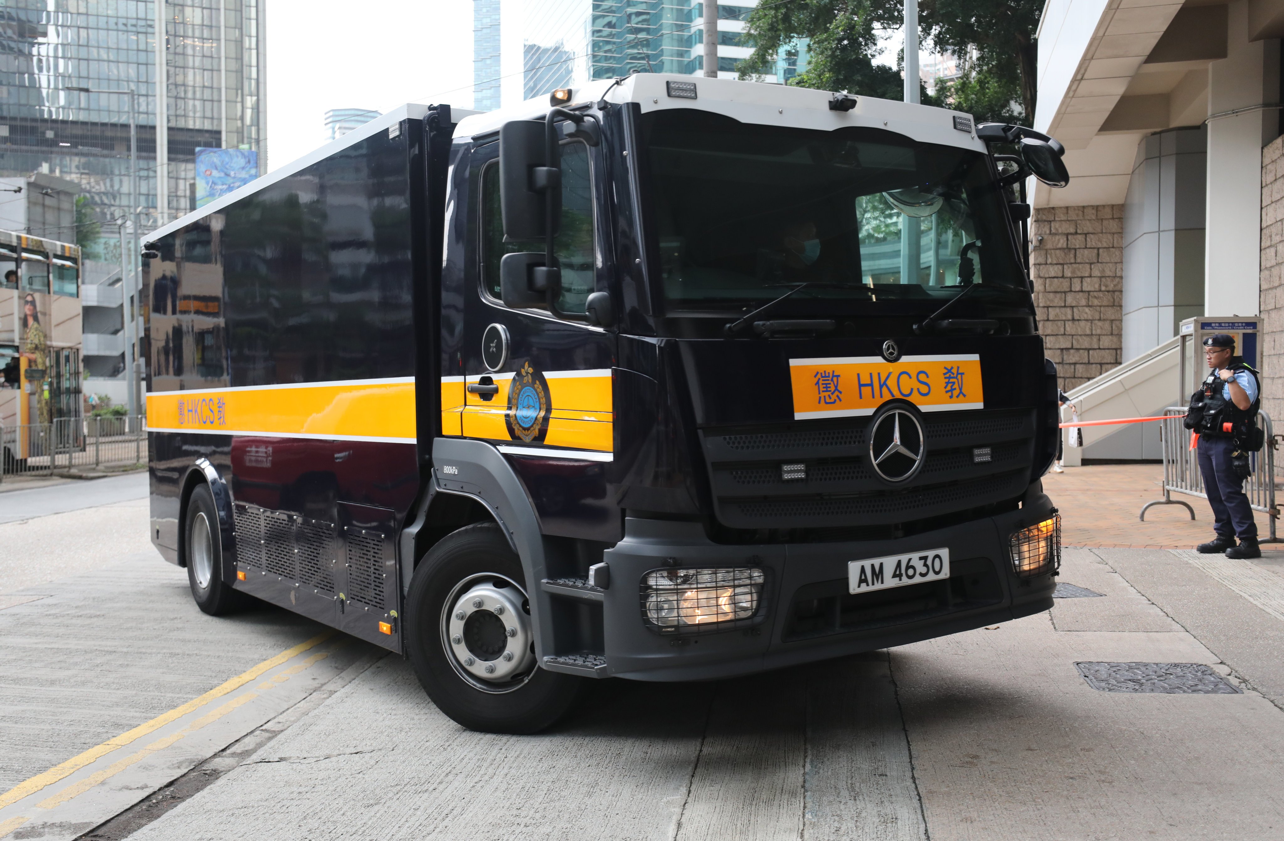 A Hong Kong Correctional Services Department van, photographed in April, transports “Dragon Slaying Brigade” leader Wong Chun-keung to the High Court earlier in the trial. Photo: Xiaomei Chen