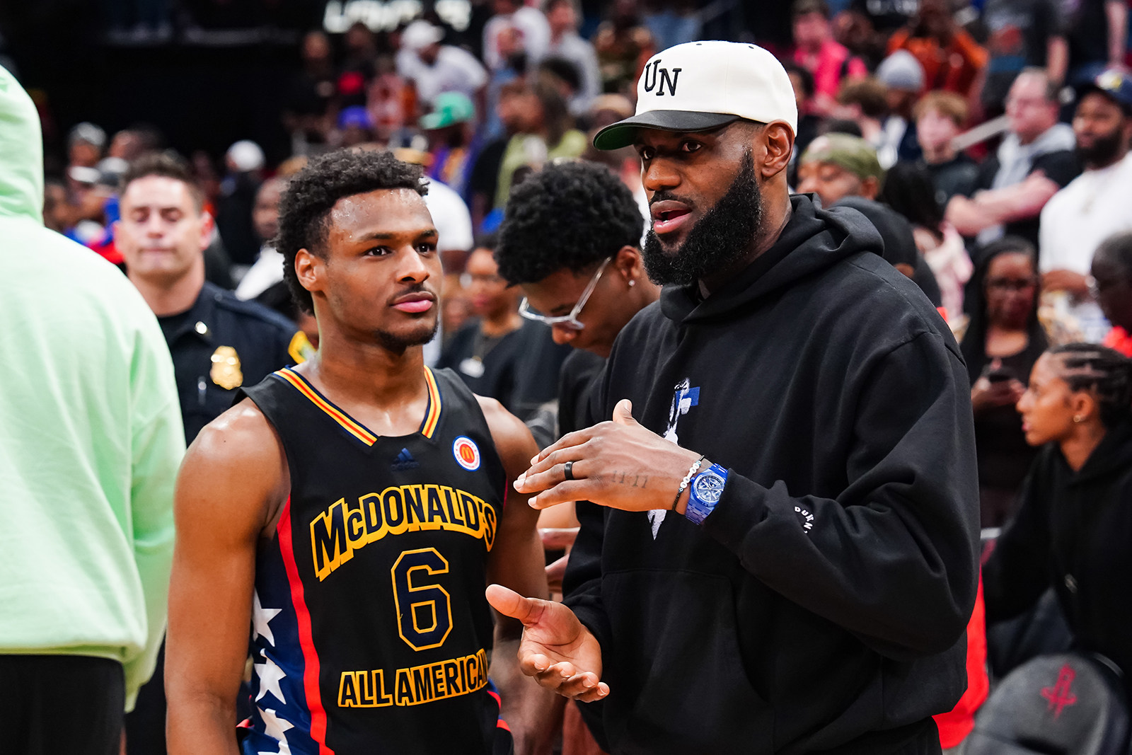 Bronny James and his father, Lebron, after the 2023 McDonald’s High School Boys All-American Game at in Houston, Texas. Photo: TNS