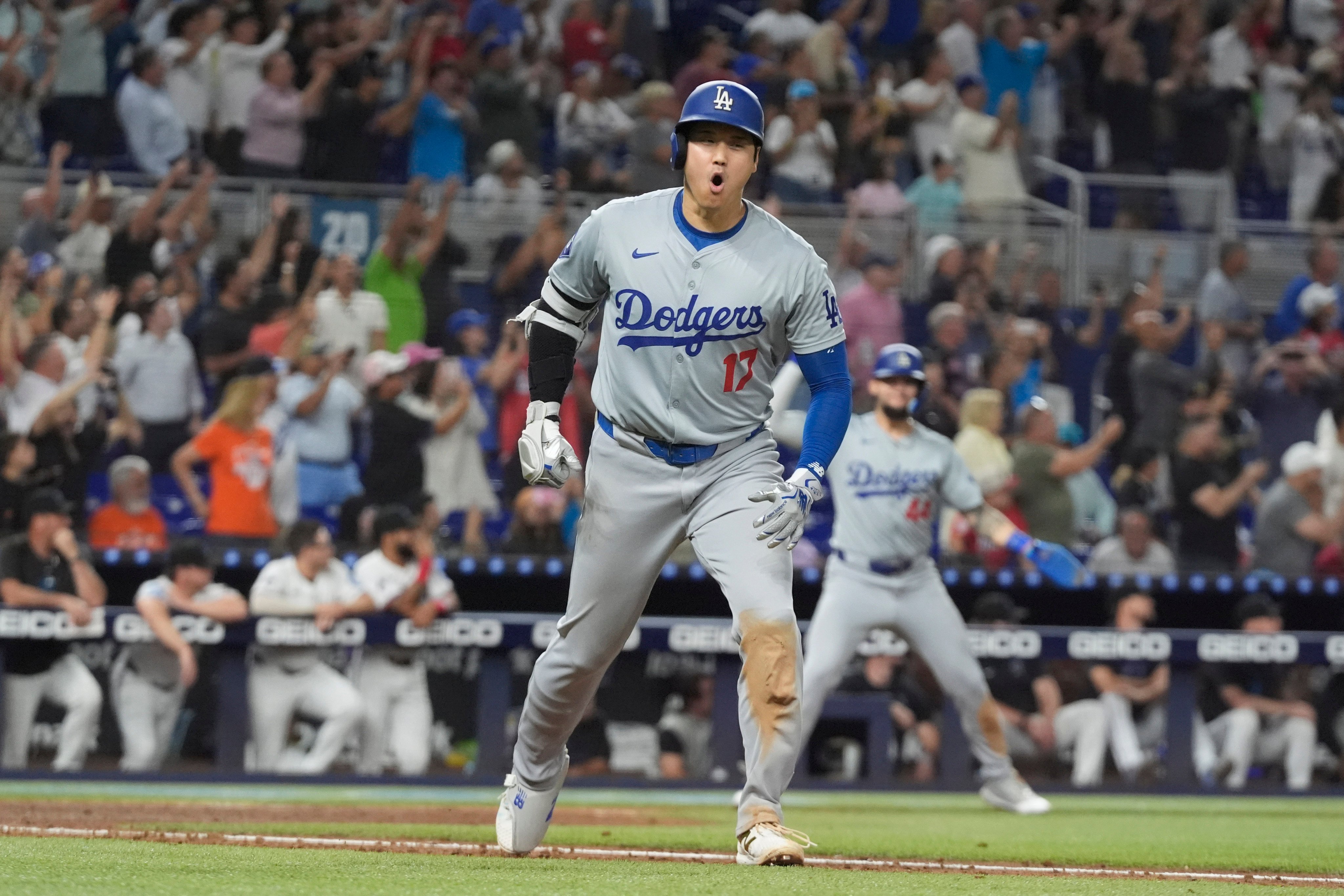 Los Angeles Dodgers’ Shohei Ohtani celebrates hitting his 50th home run of the season against the Miami Marlins. Photo: AP