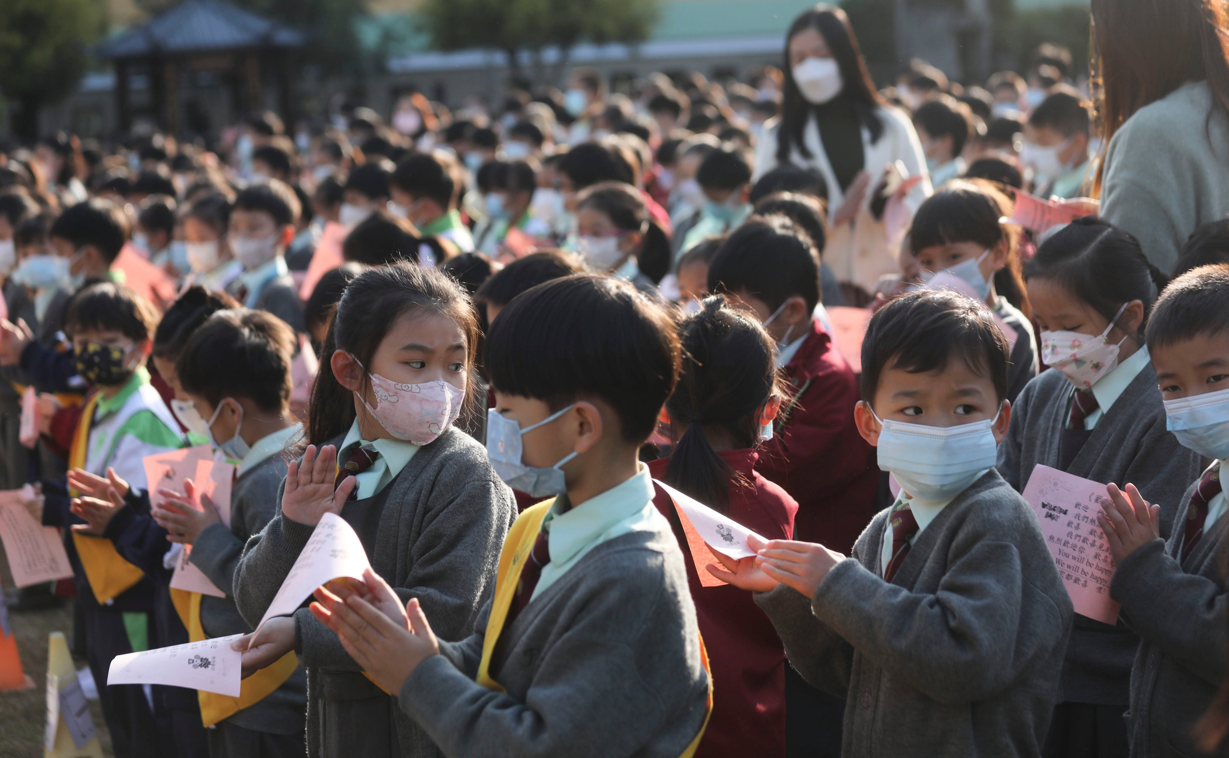 Students at Fung Kai No. 1 Primary School in Sheung Shui. The Education Bureau says no secondary schools will be shut this year. Photo: Xiaomei Chen