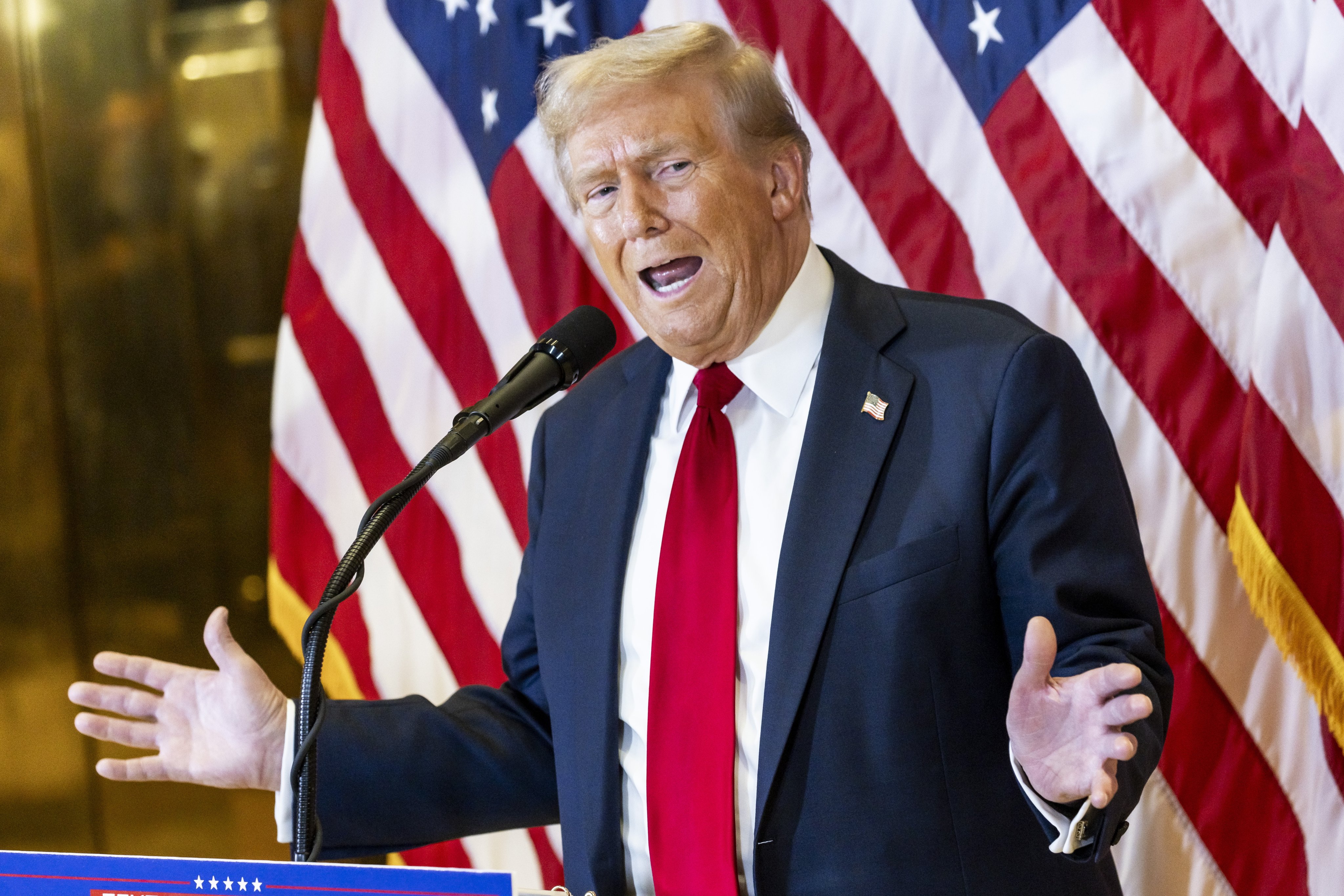 Republican presidential candidate Donald Trump during a press conference in the lobby of Trump Tower, New York on Thursday. Photo: EPA-EFE