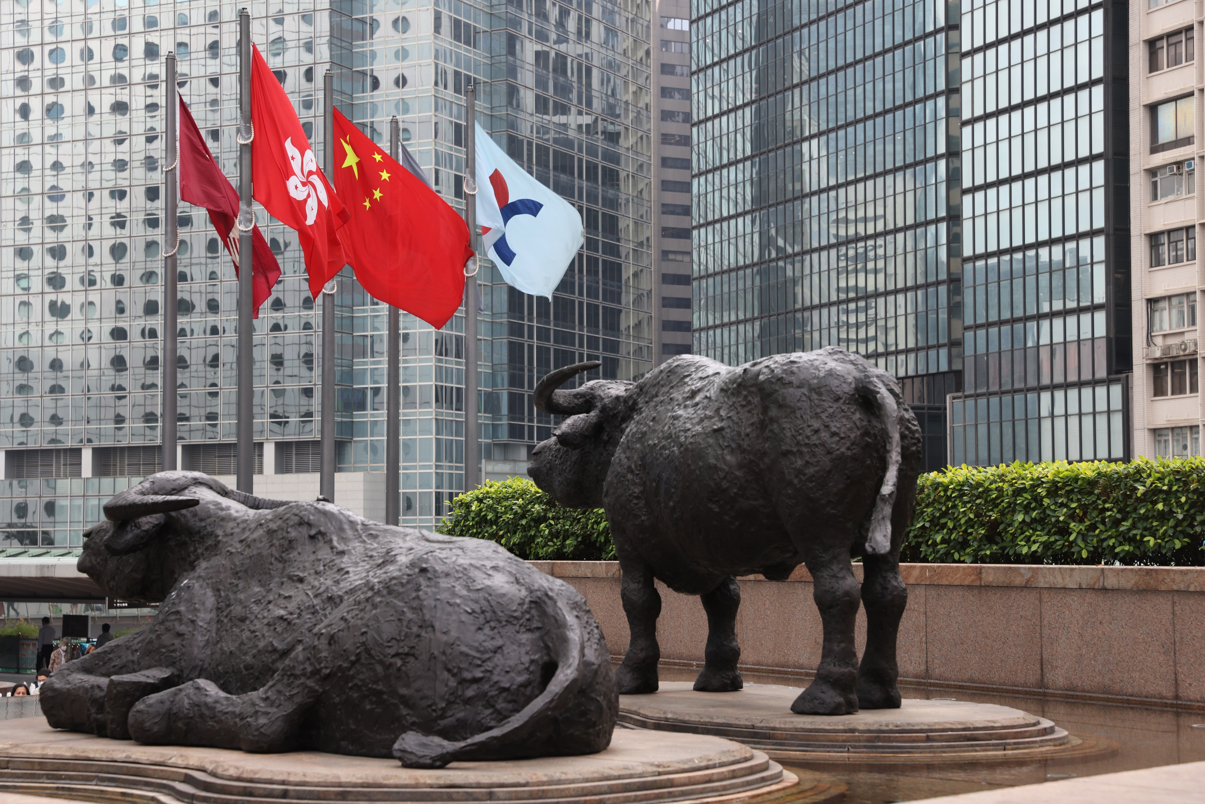 Sculptures of bulls are seen outside the building that houses bourse operator Hong Kong Exchanges and Clearing in Central. Photo: Yik Yeung-man