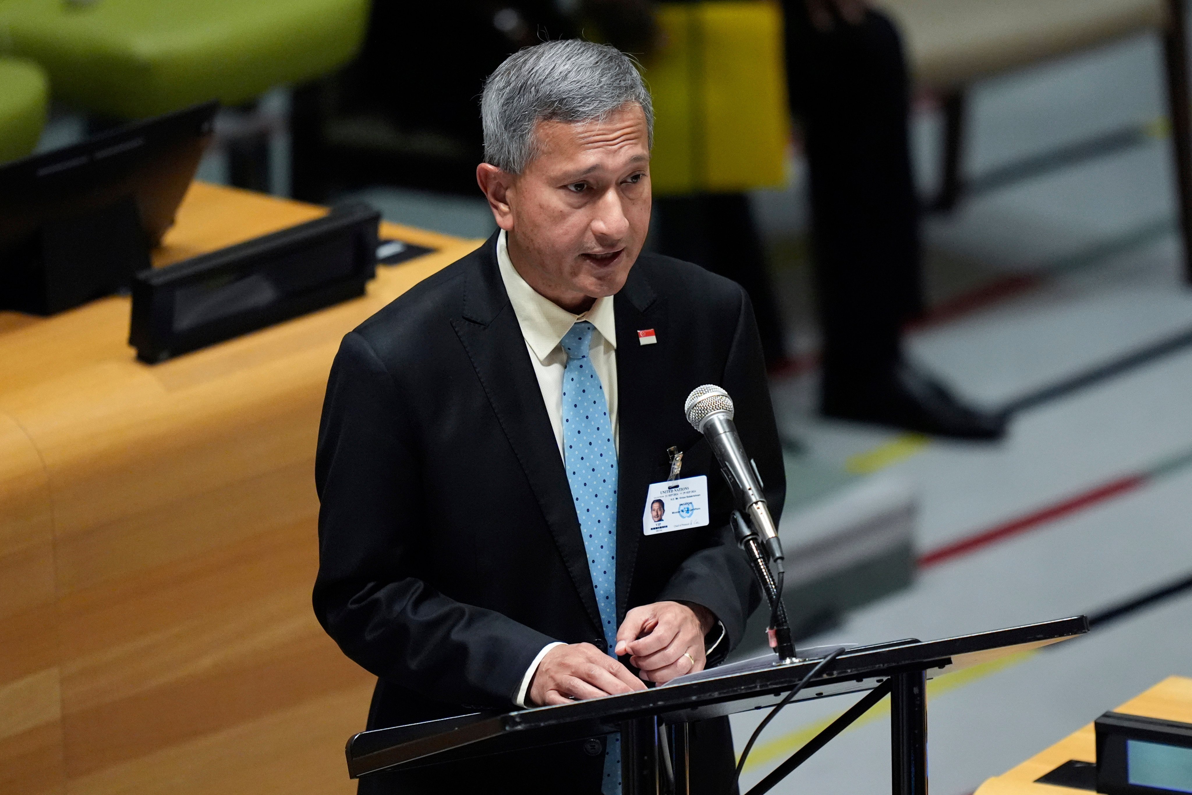 Singapore’s Foreign Affairs Minister Vivian Balakrishnan speaks at the United Nations General Assembly on September 25. Photo: AP