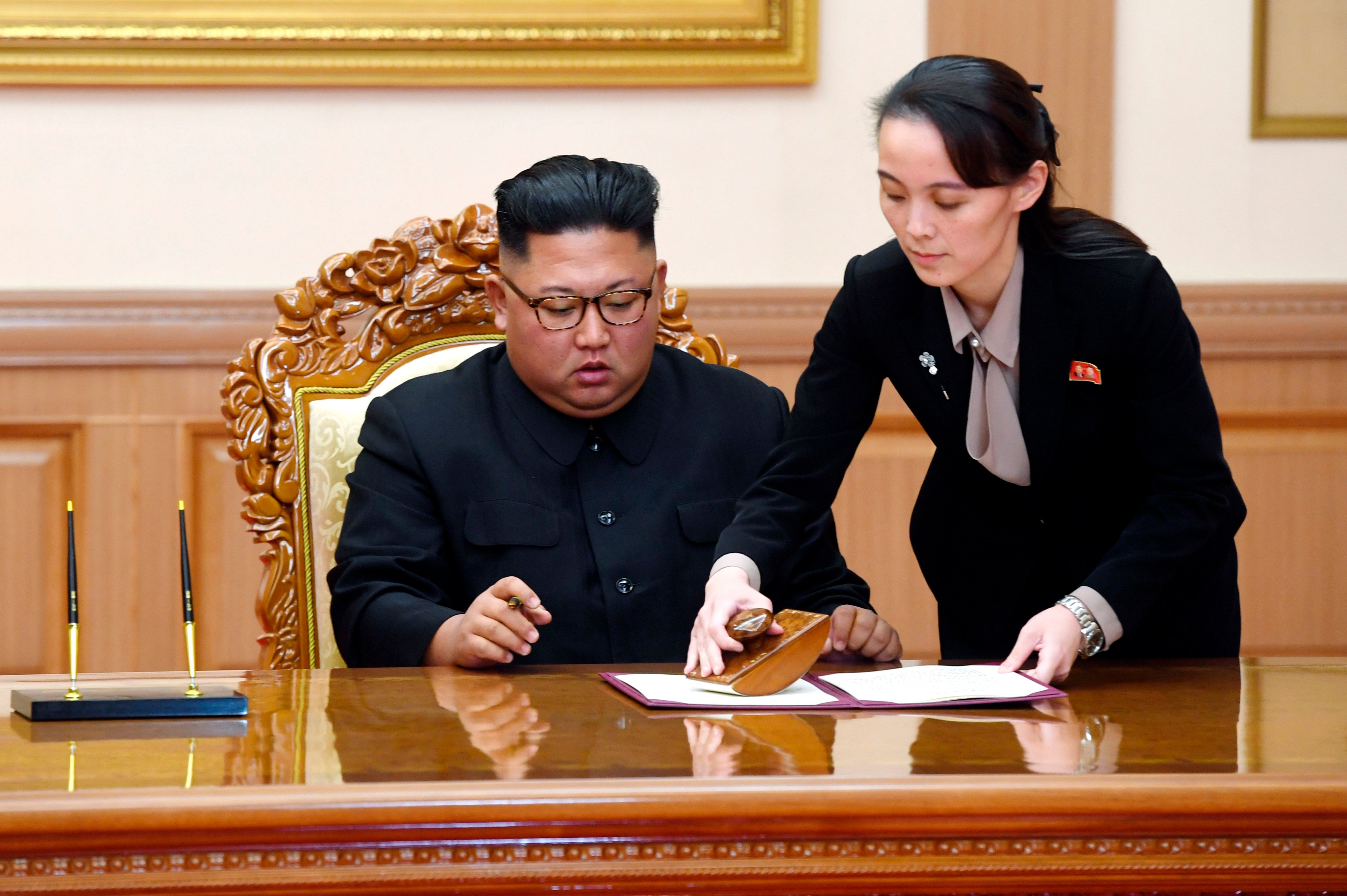 North Korean leader Kim Jong-un with his sister Kim Yo-jong in Pyongyang. Photo: AP