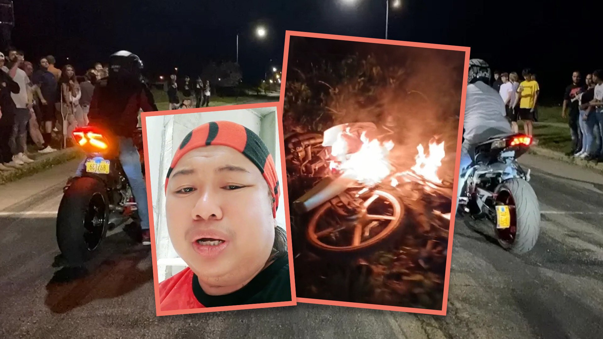 A Malaysian father, fearing for his son’s safety due to late-night motorcycle racing, burned his bike to prevent him from getting hurt. Photo: SCMP composite/X.com/TikTok
