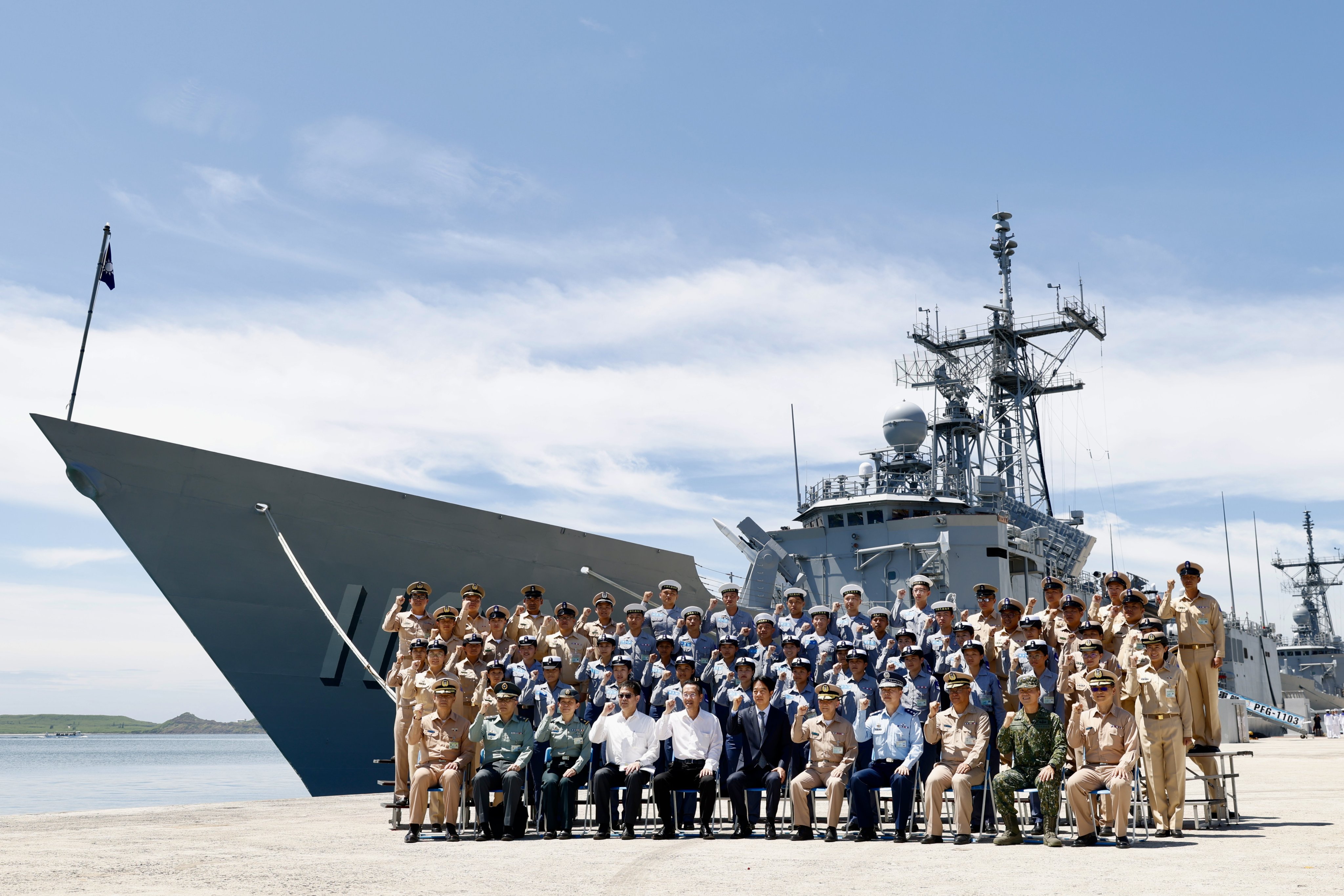 Taiwanese leader William Lai (in dark suit), pictured with troops at a naval base in Penghu County, has outlined the tasks of a new defence committee for “a more resilient Taiwan”. Photo: EPA-EFE