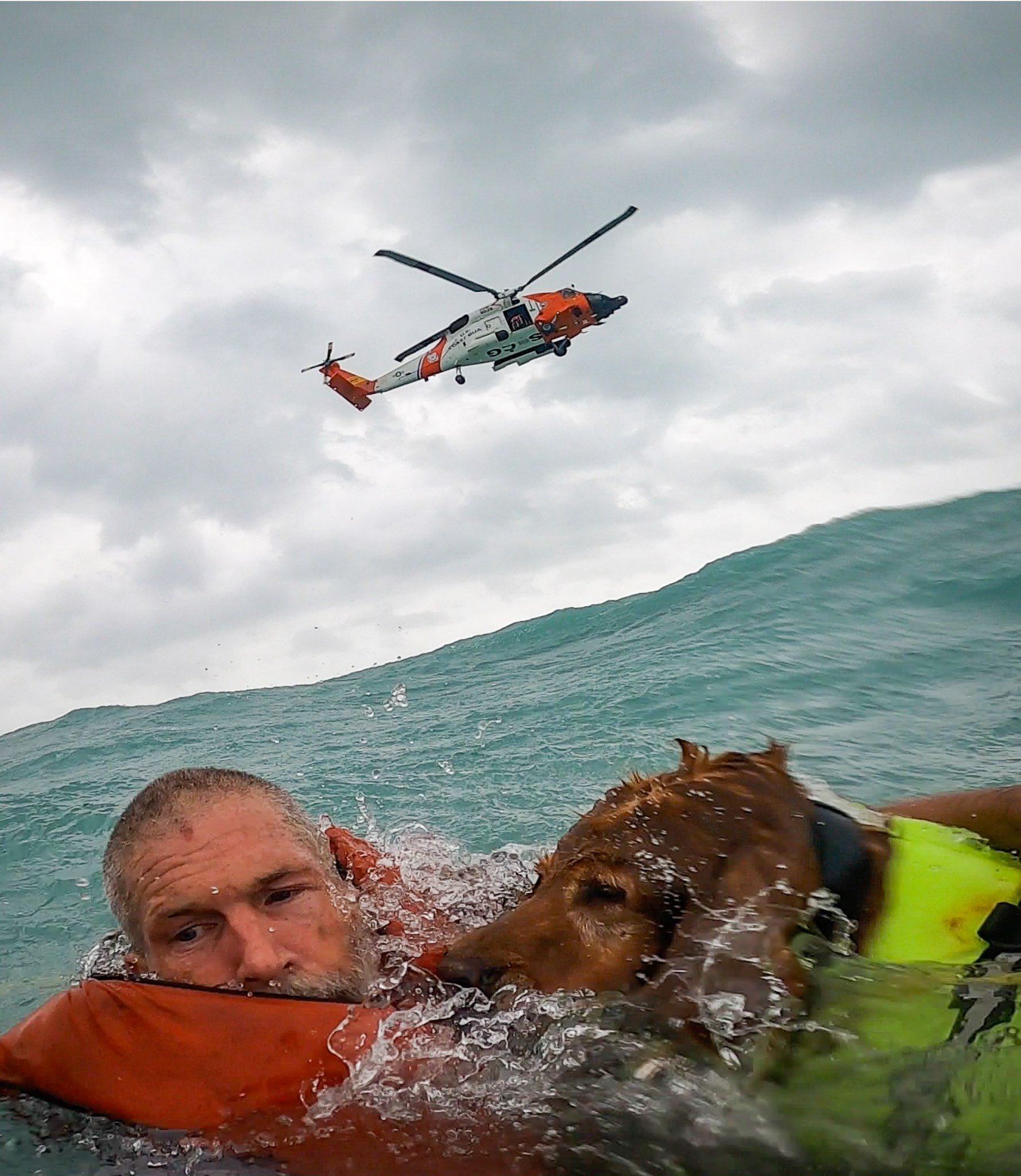 A man and his dog were rescued in the Gulf of Mexico by the US coastguard. Photo: X/USCGSoutheast
