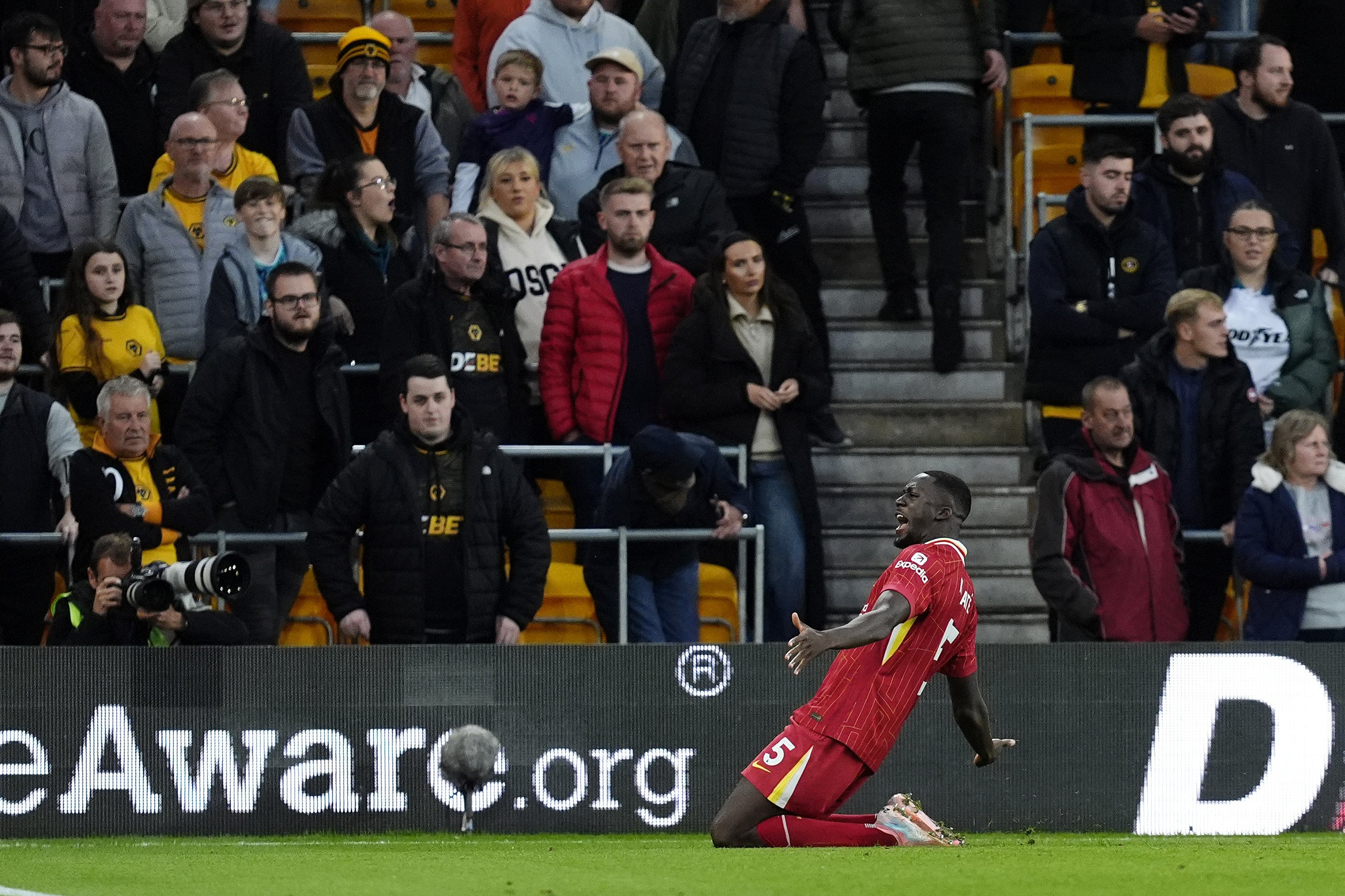 Ibrahima Konate celebrates scoring his first ever Premier League goal for Liverpool in the game against Wolverhampton Wanderers at Molineux Stadium. Photo: dpa