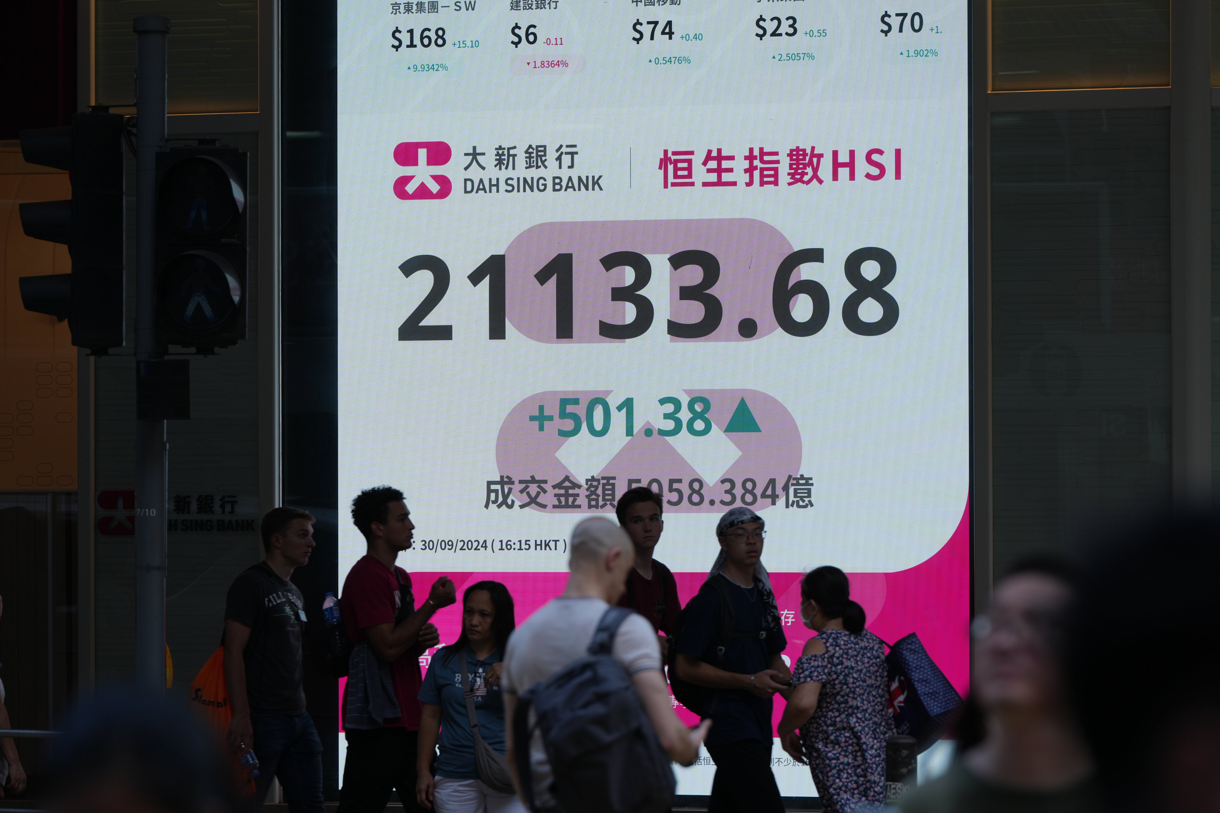 A screen outside a Dah Sing Bank branch in Central showing the Hang Seng Index on September 30, 2024. Photo: Sam Tsang