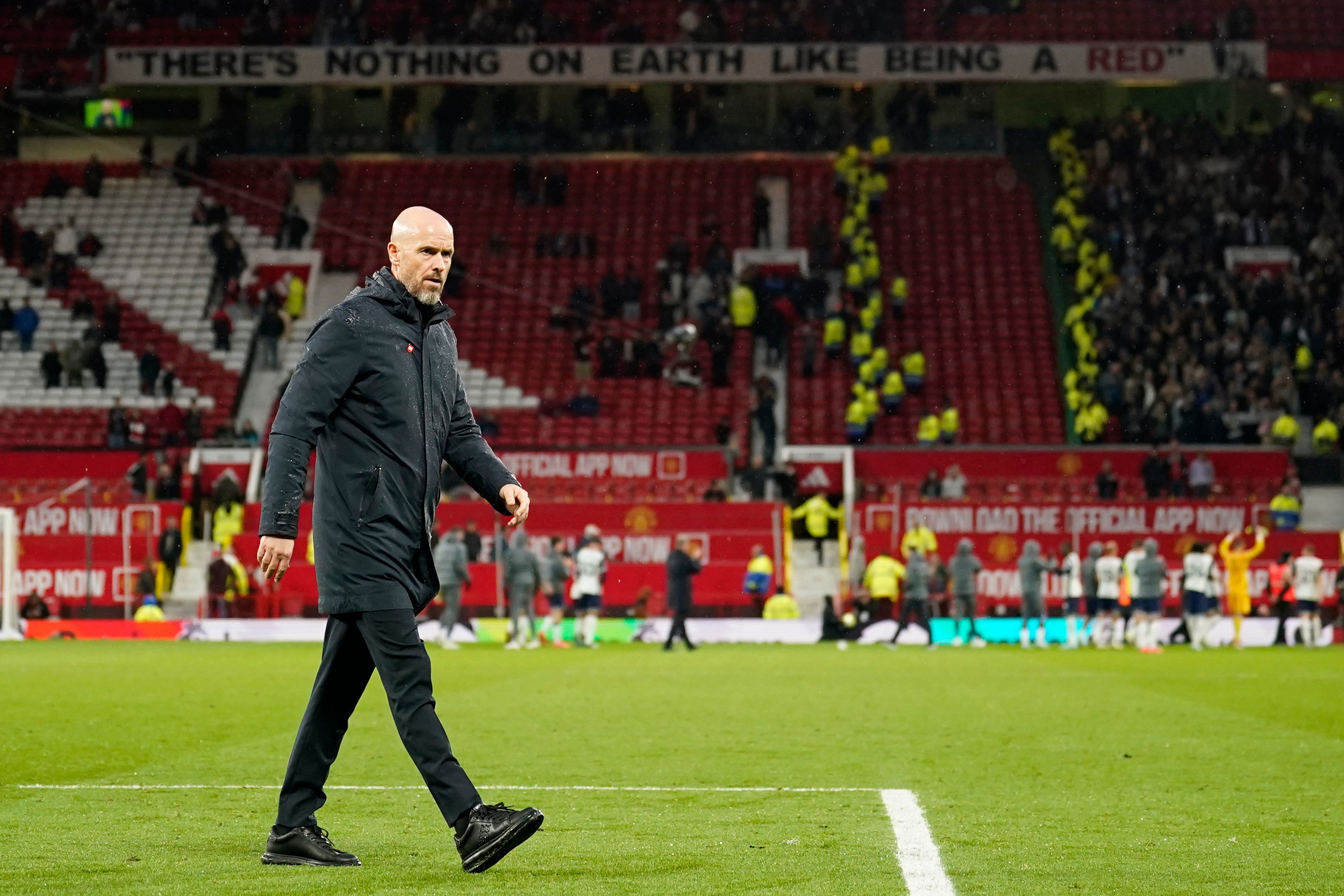 Manchester United’s head coach Erik ten Hag walks off the pitch after his side’s defeat at home to Tottenham. Photo: AP