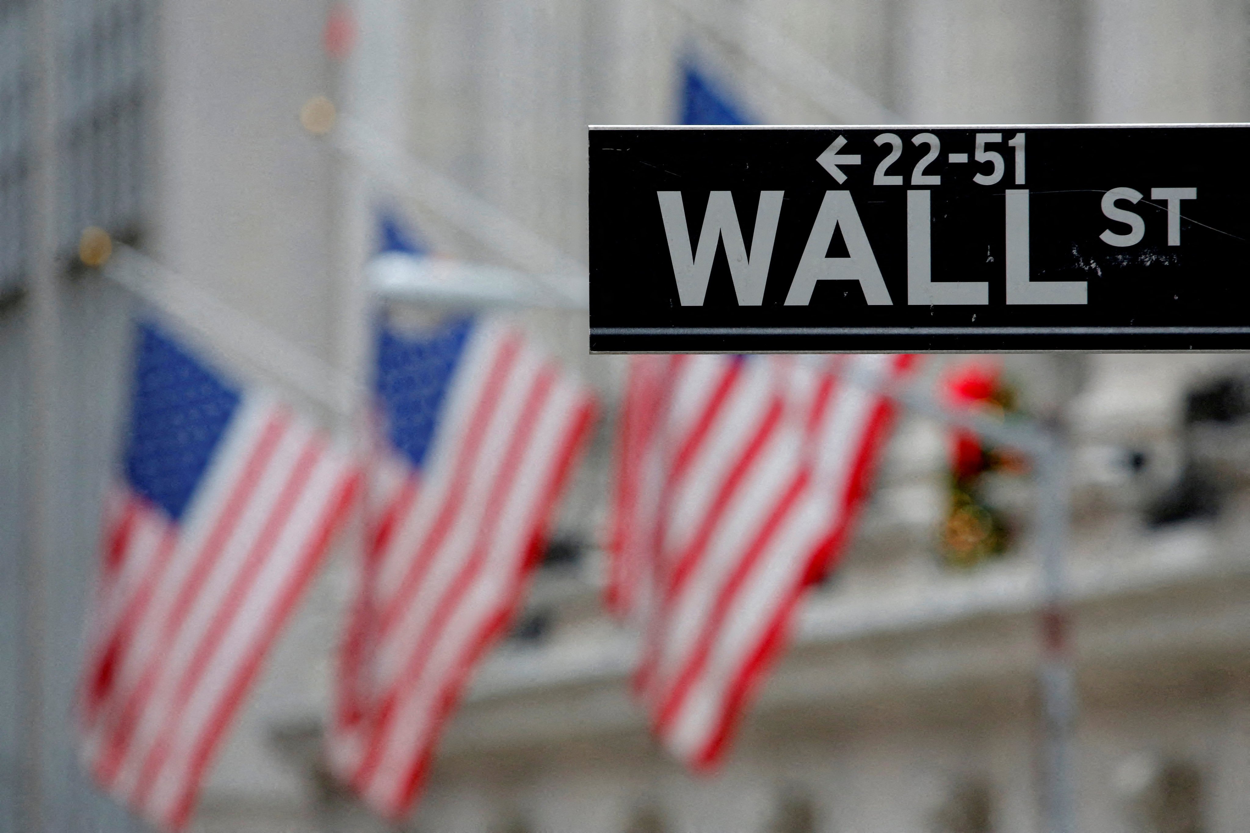 A street sign for Wall Street is seen outside the New York Stock Exchange in New York City. Photo: Reuters