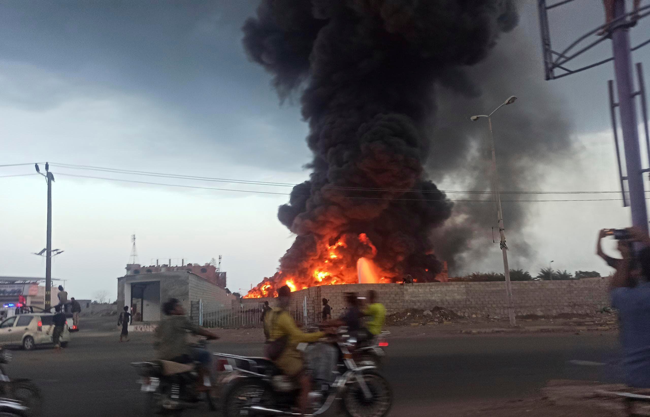 A large fire and plume of smoke in the port city of Hodeidah, Yemen, after Israeli strikes on the Houthi-controlled city. Photo: AP