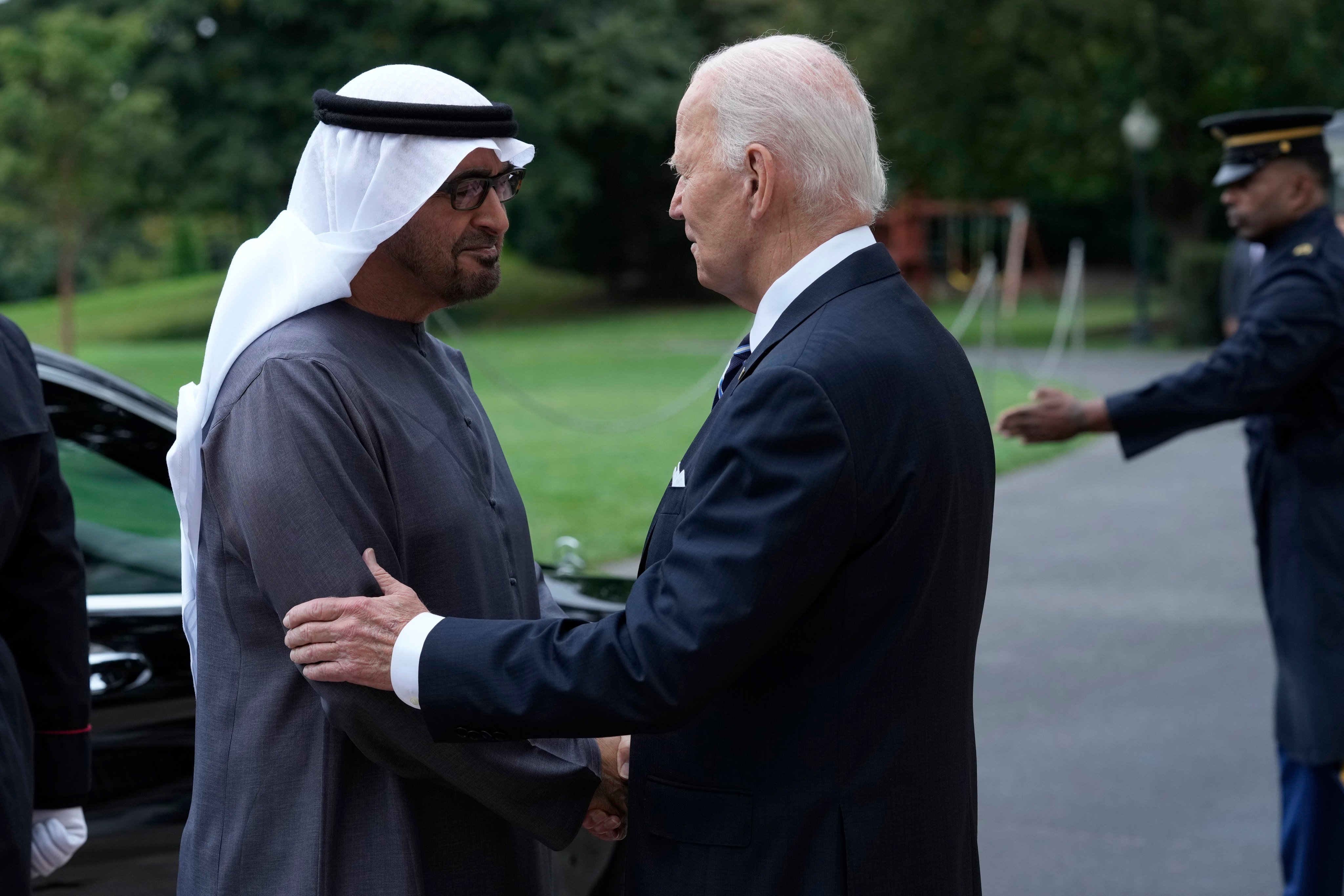 US President Joe Biden (right) greets United Arab Emirates President Sheikh Mohammed bin Zayed Al Nahyan (left) as he arrives at the White House on Monday. Photo: AP