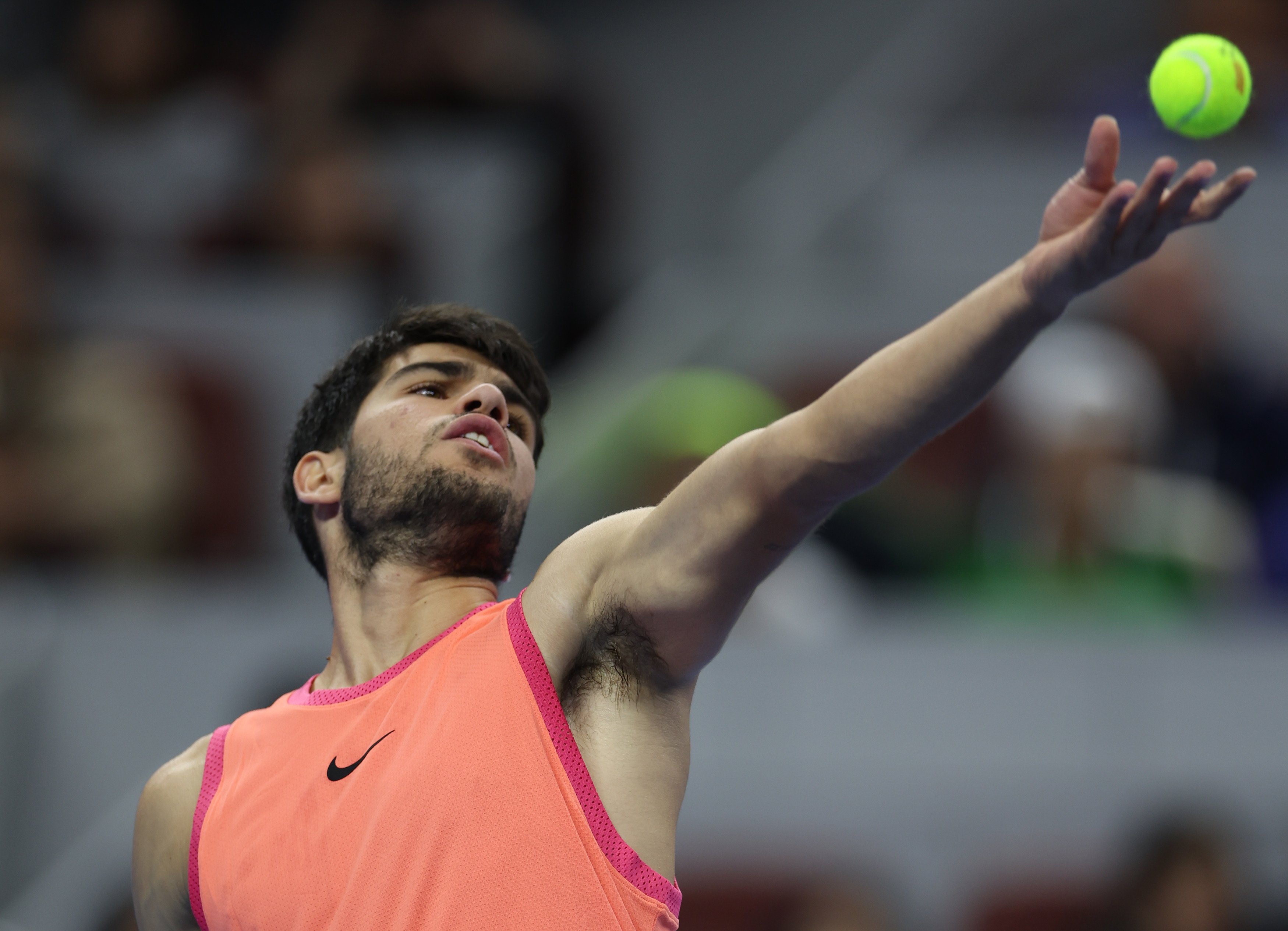 Carlos Alcaraz of Spain serves during the singles semi-final match against Daniil Medvedev of Russia at the China Open. Photo: Xinhua