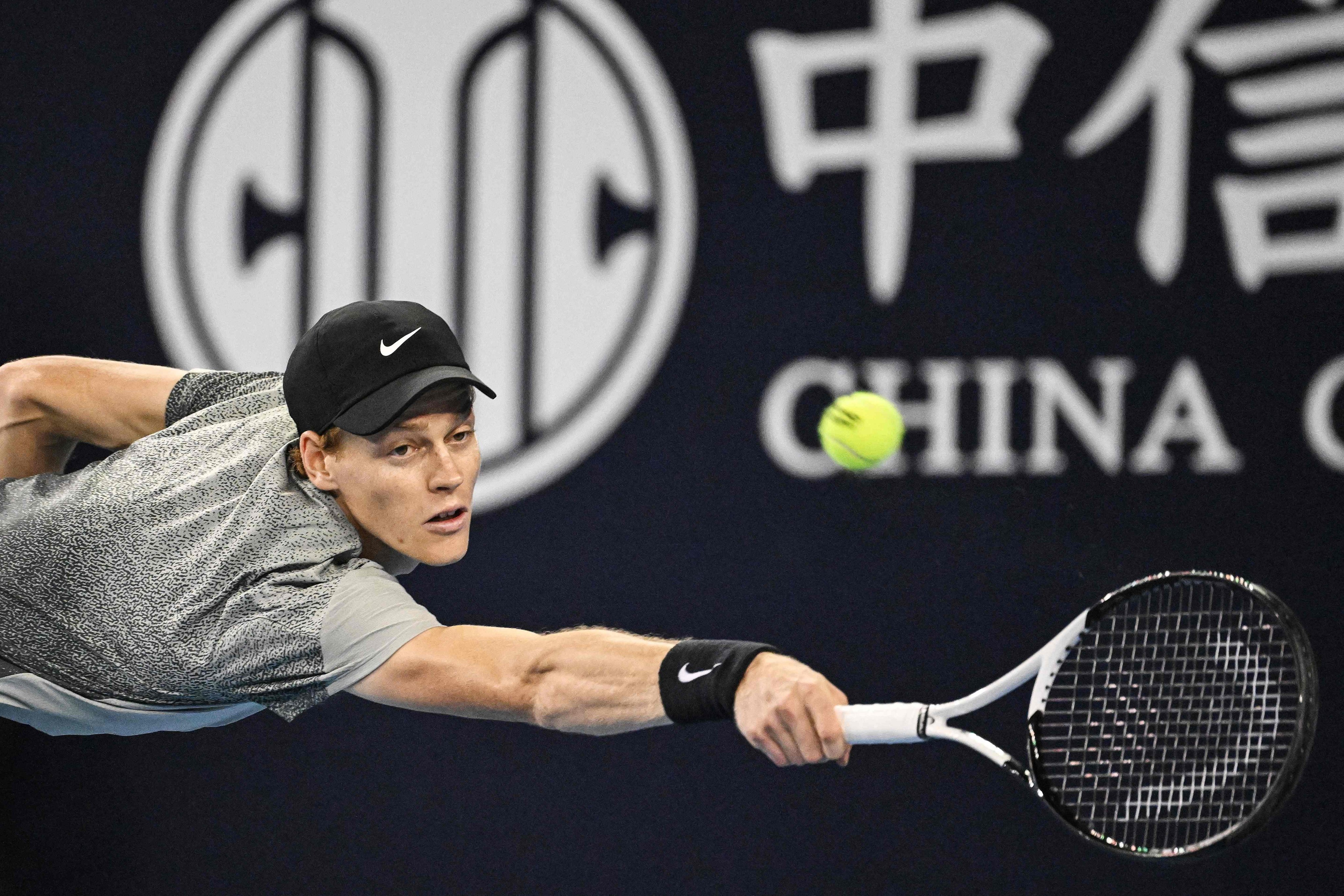 Italy’s Jannik Sinner hits a return to Czech Republic’s Jiri Lehecka in their quarter-final at the China Open in Beijing on Monday. Photo: AFP