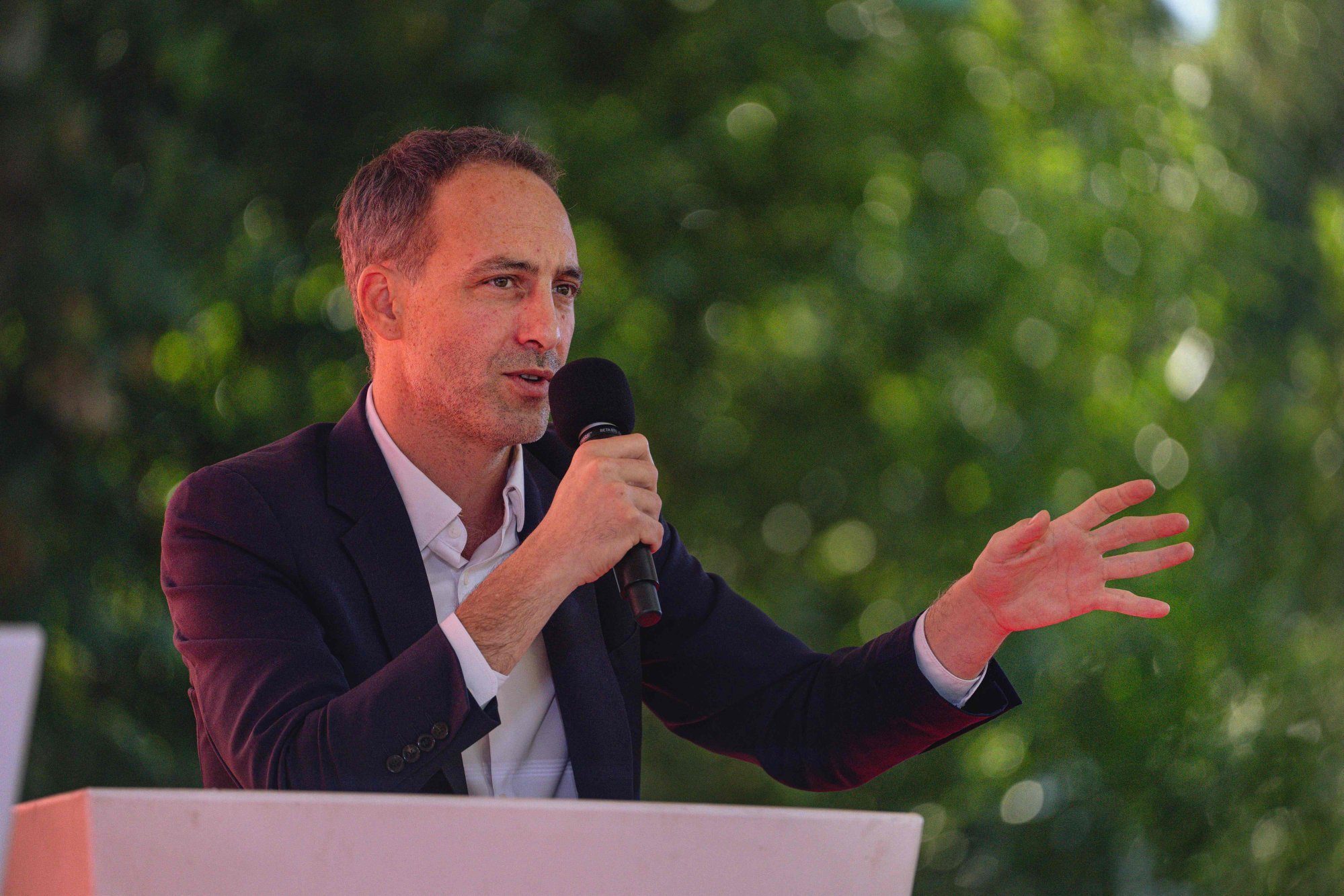 French politician Raphael Glucksmann, a member of the European Parliament, speaks on Saturday in Bram, France. Glucksmann has argued that Chinese threats to retaliate against European tariffs amount to blackmail. Photo: AFP