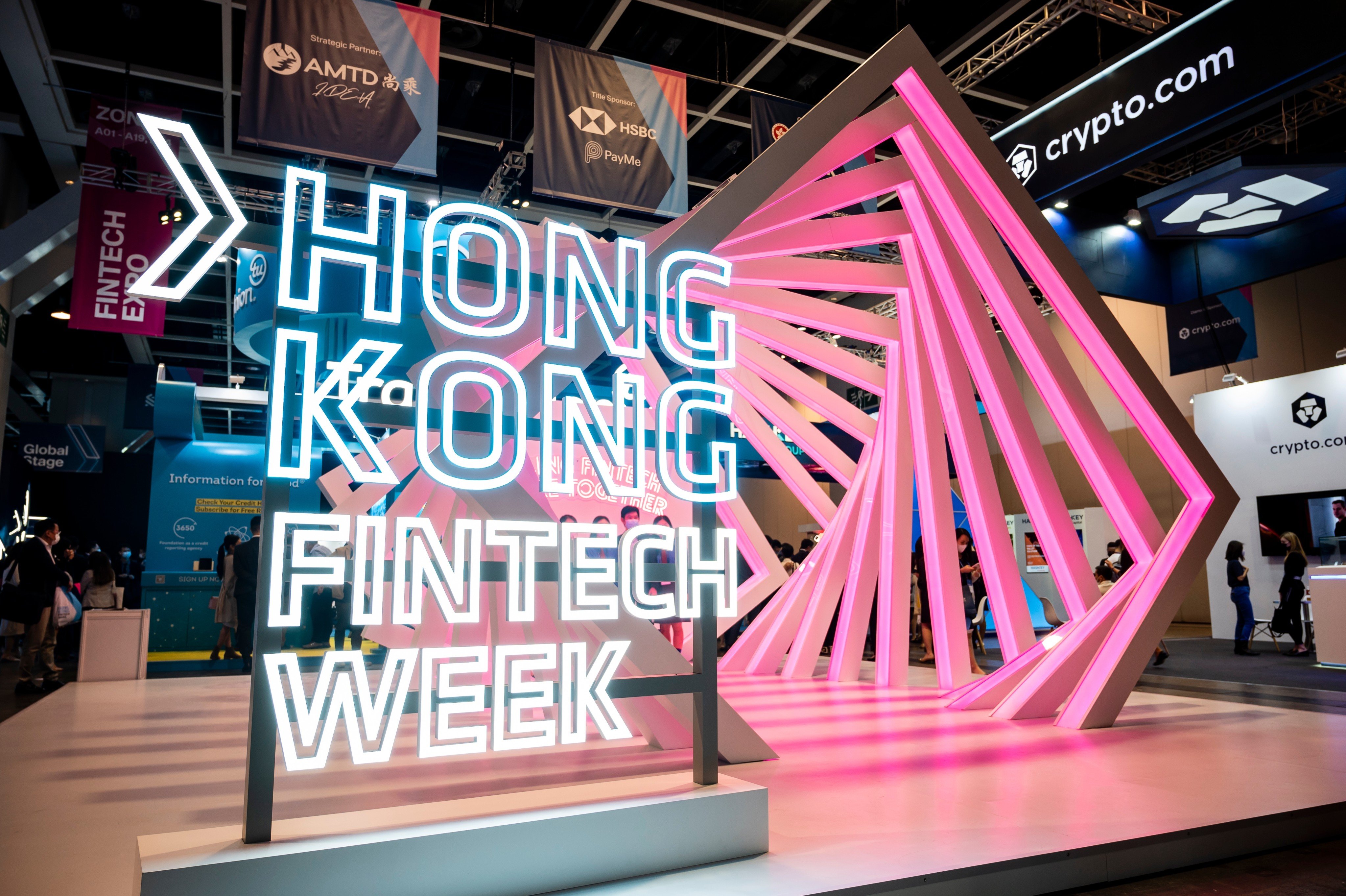 Signage at Hong Kong FinTech Week 2021 at the Convention and Exhibition Centre in Wan Chai. As hype around cryptocurrencies and blockchain fades, the show’s organisers see AI tech from the mainland taking centre stage. Photo: Shutterstock