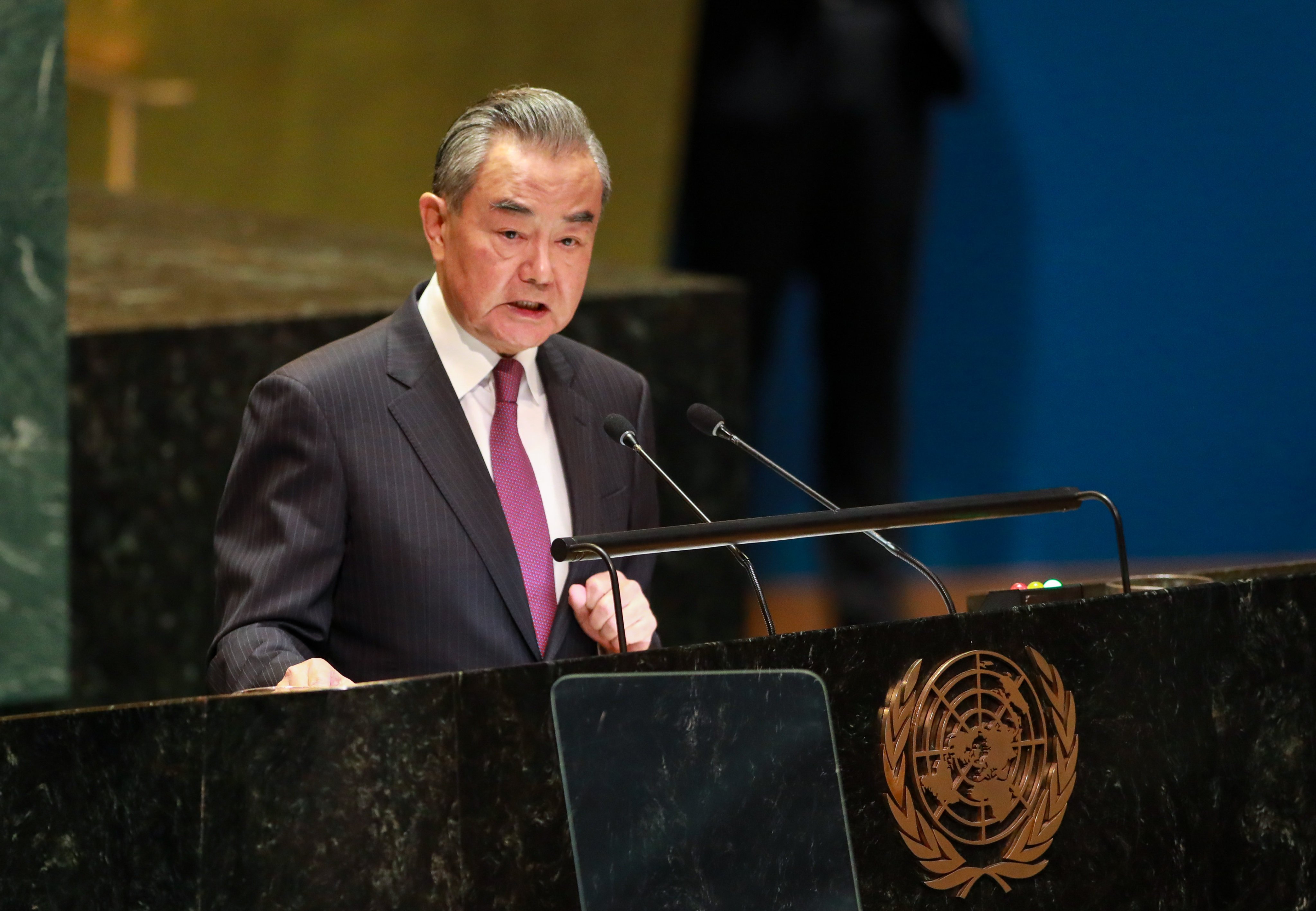 Chinese Foreign Minister Wang Yi delivers a speech at the general debate of the 79th United Nations General Assembly, in New York on Saturday. Photo: Xinhua