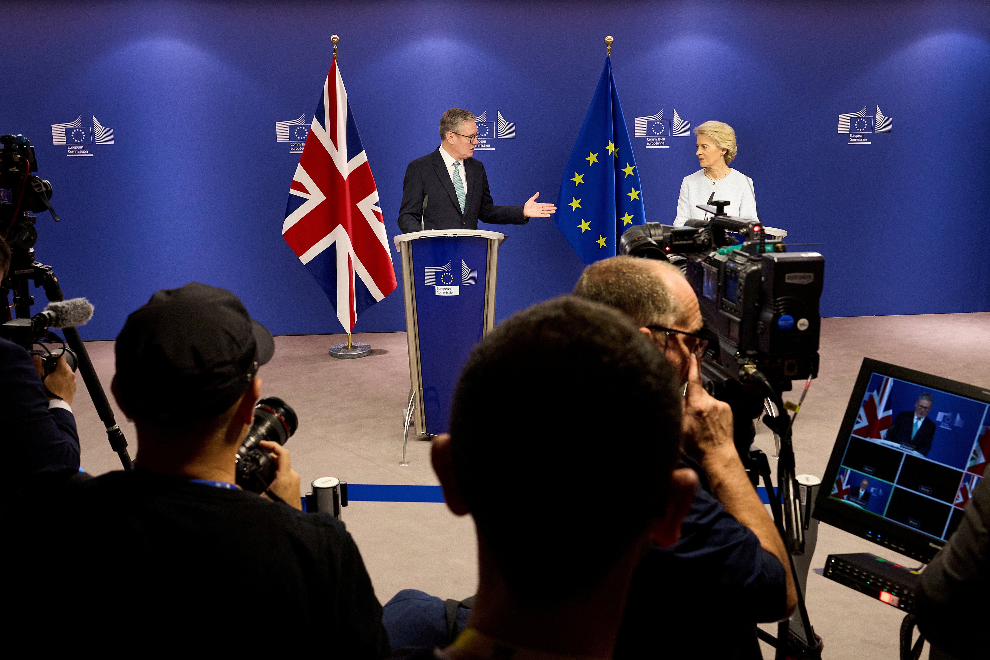 Britain’s Prime Minister Keir Starmer (left) and European Commission president Ursula von der Leyen speak to the press at the European Commission headquarters in Brussels. Photo: Reuters