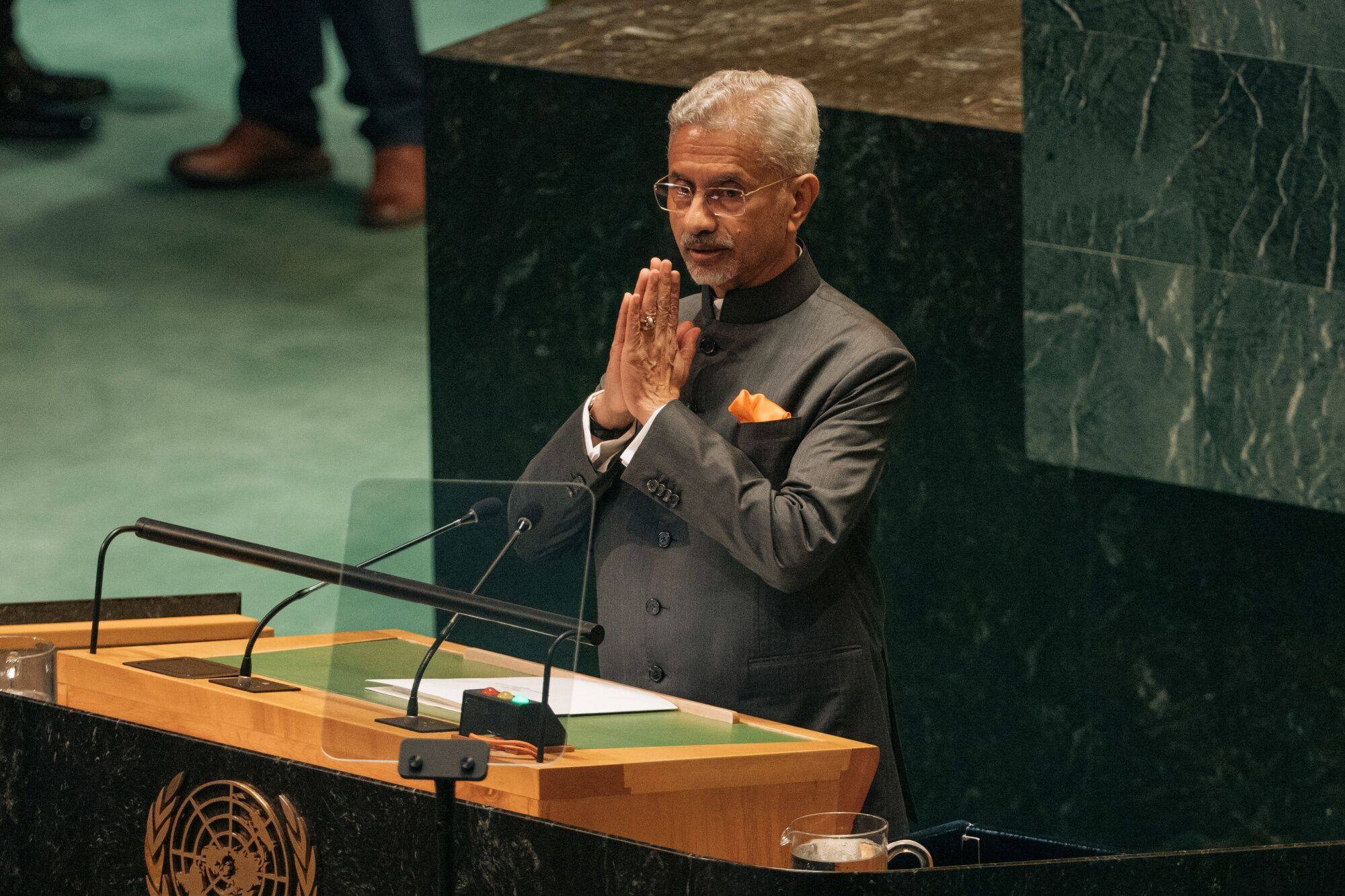 Subrahmanyam Jaishankar, India’s external affairs minister, speaks during the United Nations General Assembly in New York on Saturday. Photo: Bloomberg