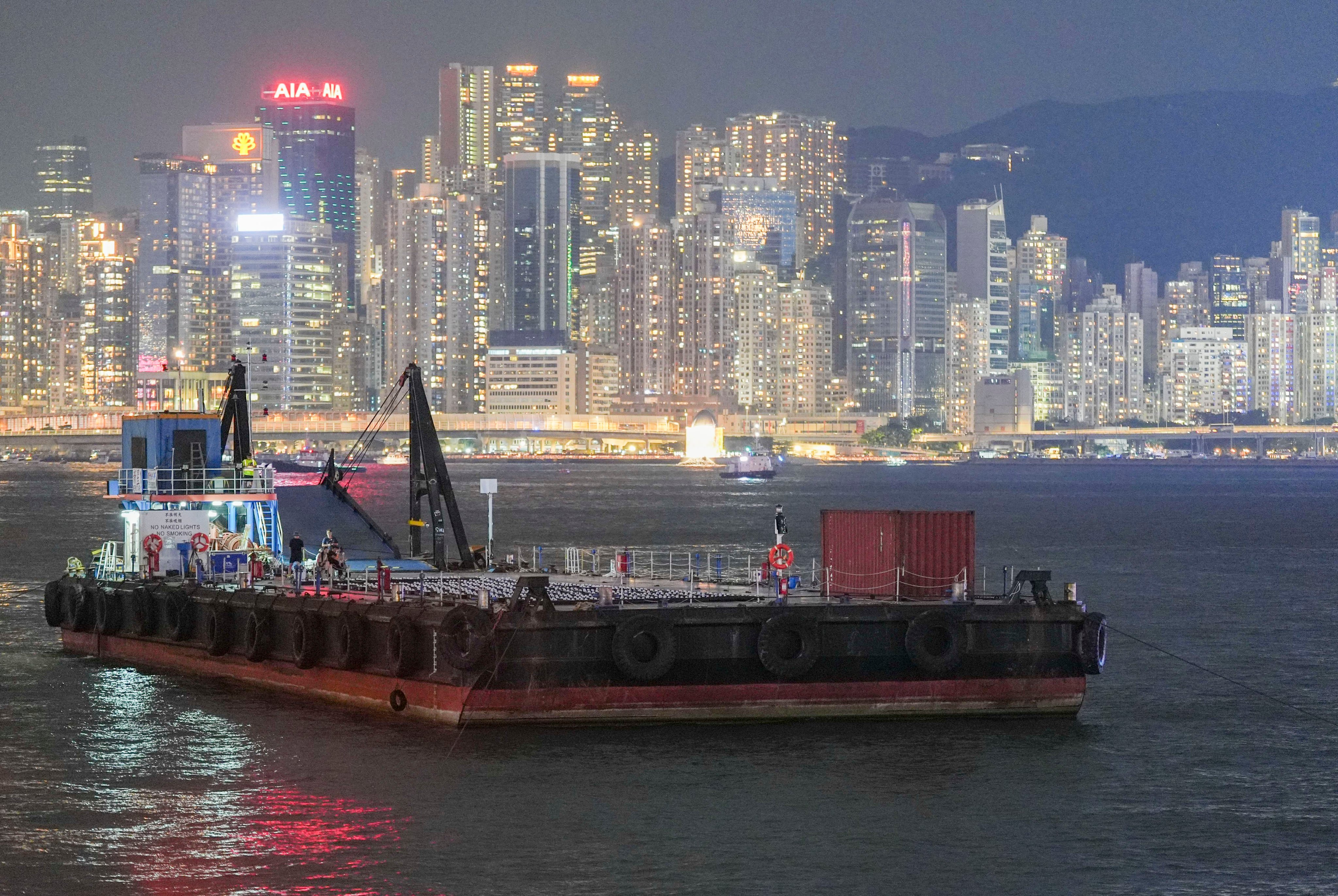 A ship carrying drones is seen in Tsim Sha Tsui before the National Day show. Photo: Eugene Lee