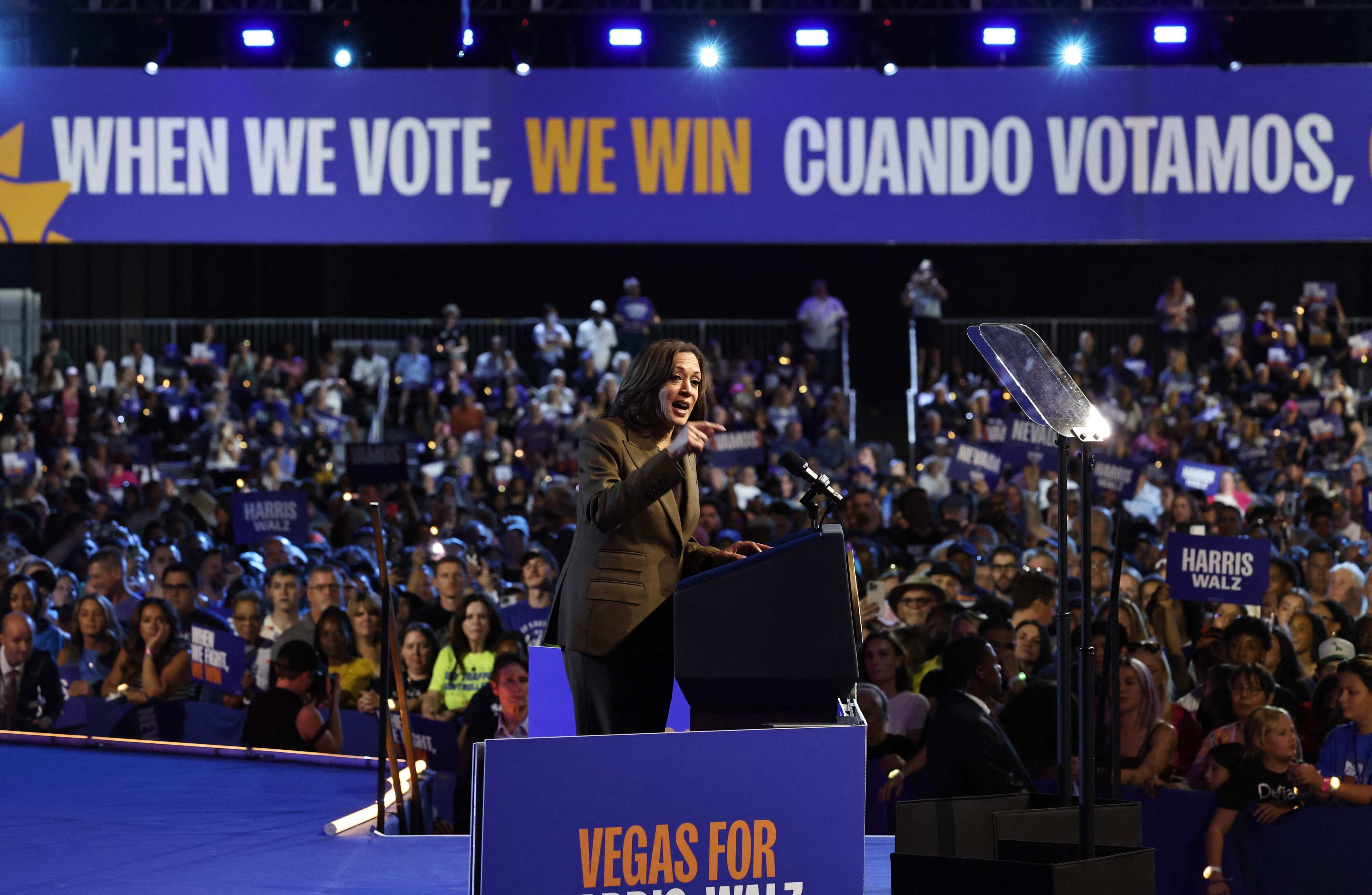 Democratic presidential nominee and US Vice-President Kamala Harris speaks during a campaign rally at the Expo at World Market Centre in Las Vegas on September 29. Harris and her opponent, Republican nominee and former president Donald Trump, have both been holding events in Nevada, a battleground state in the 2024 election. Photo: Getty Images