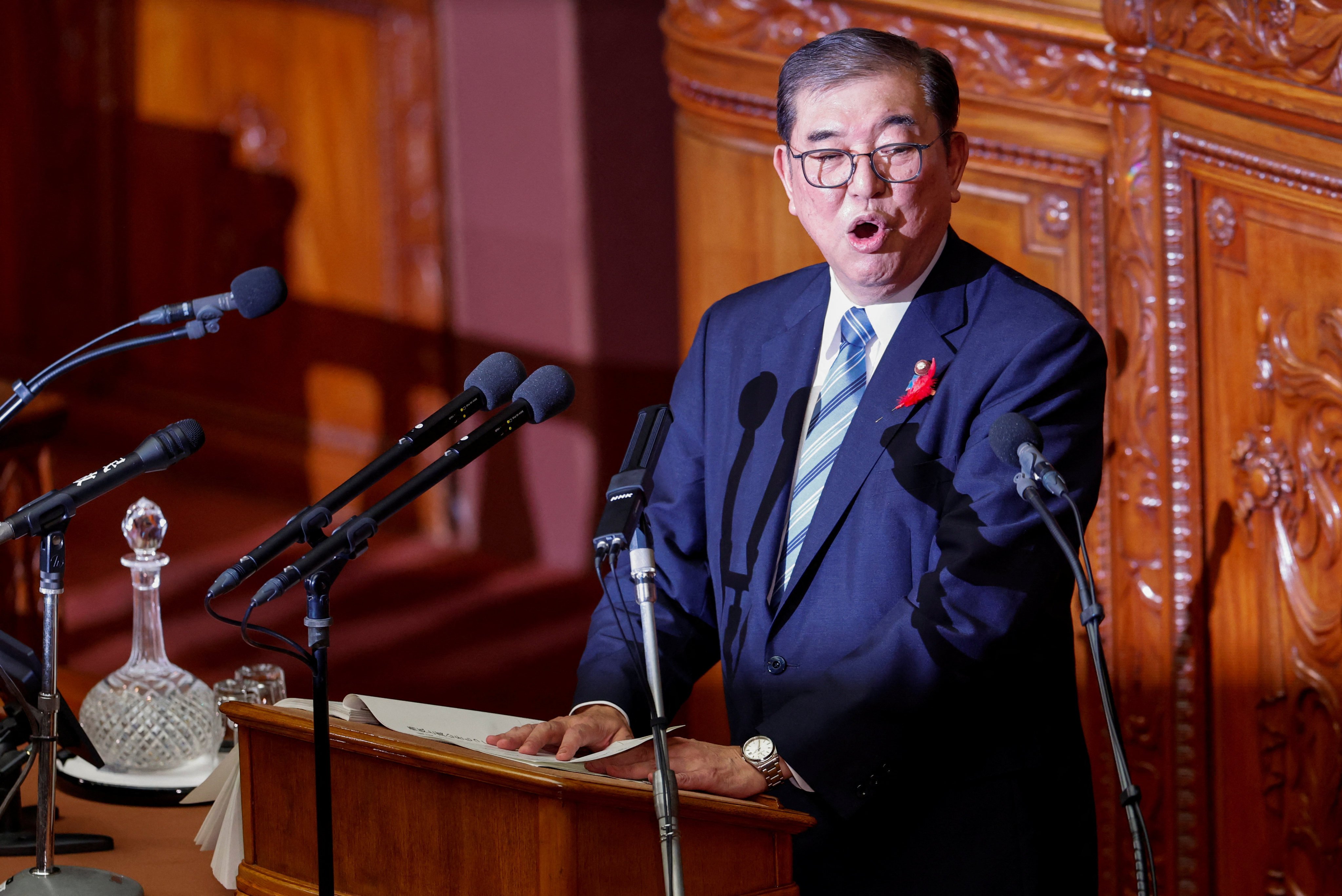 Prime Minister Shigeru Ishiba speaks at Japan’s parliament in Tokyo on Friday. Photo: Reuters