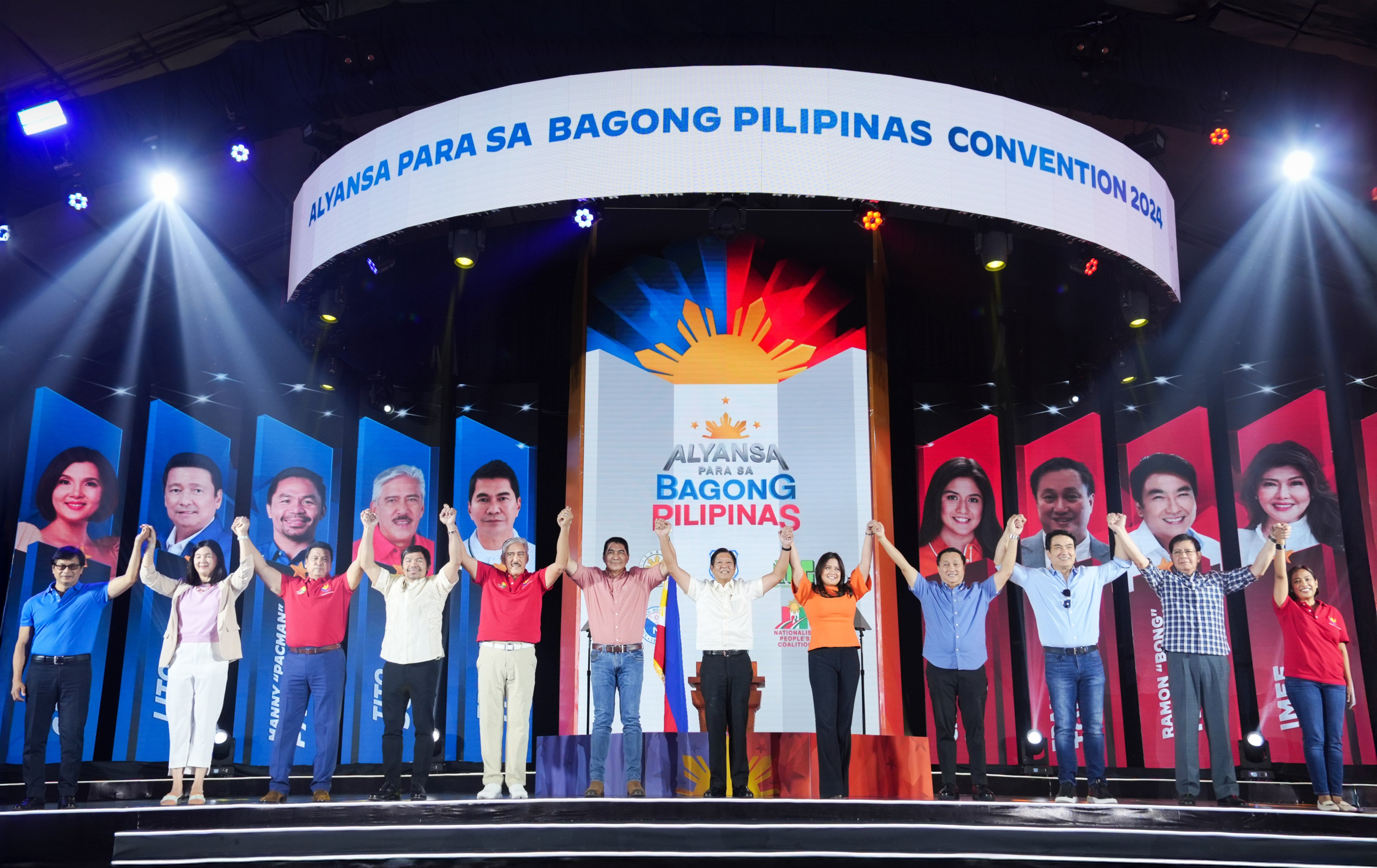 Ferdinand Marcos Jnr (centre) announces his slate of senators for next year’s midterm elections. Photo: Presidential Communications Office of the Philippines/Handout