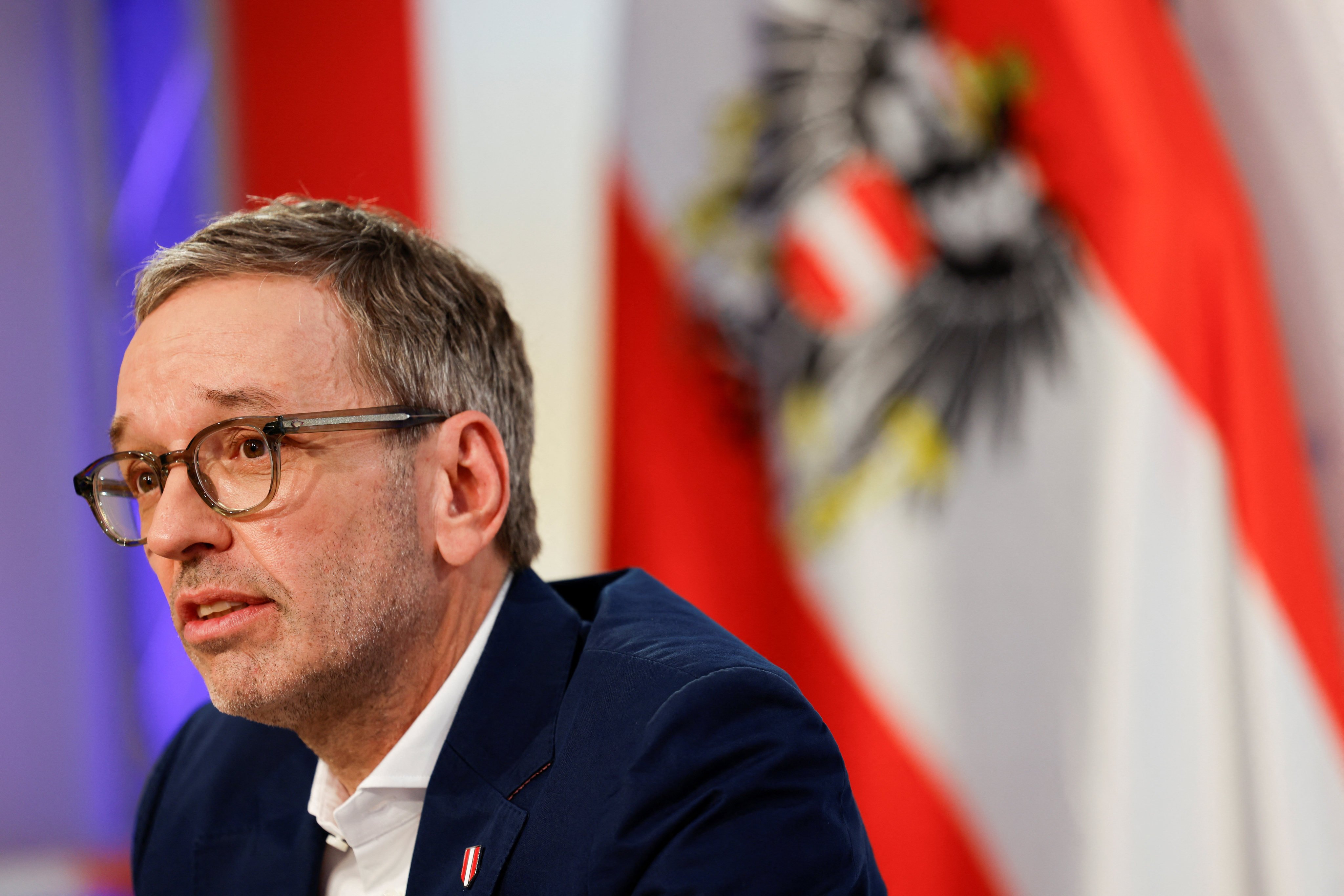 The leader of Austria’s far-right Freedom Party (FPO), Herbert Kickl, holds a press conference on the coalition talks that are beginning after the FPO won a plurality of the vote in parliamentary elections, but fell short of a majority, in Vienna, Austria, on Saturday. Photo: Reuters